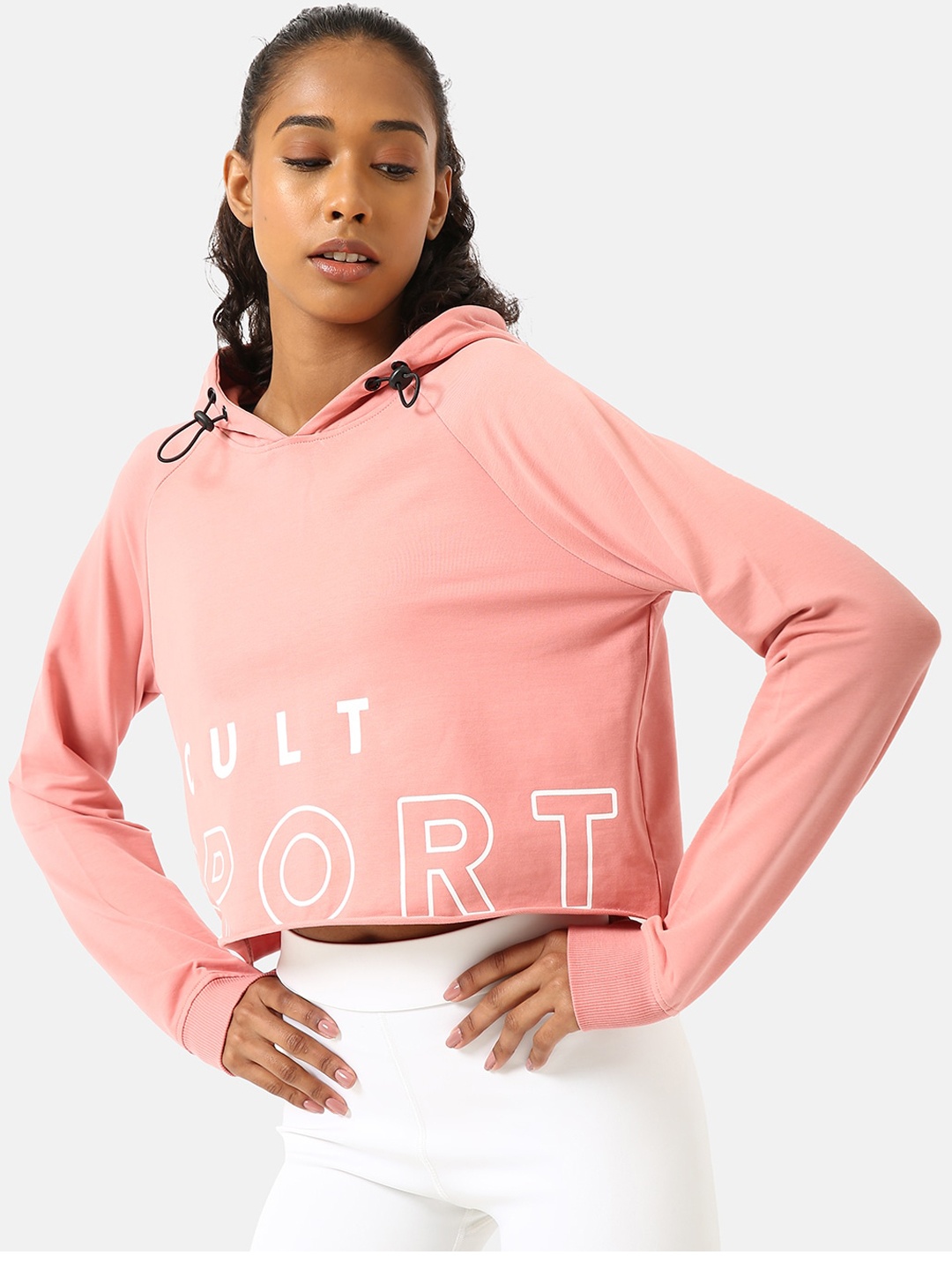

Cultsport Women Pink Typography Printed Crop Hooded Sweatshirt