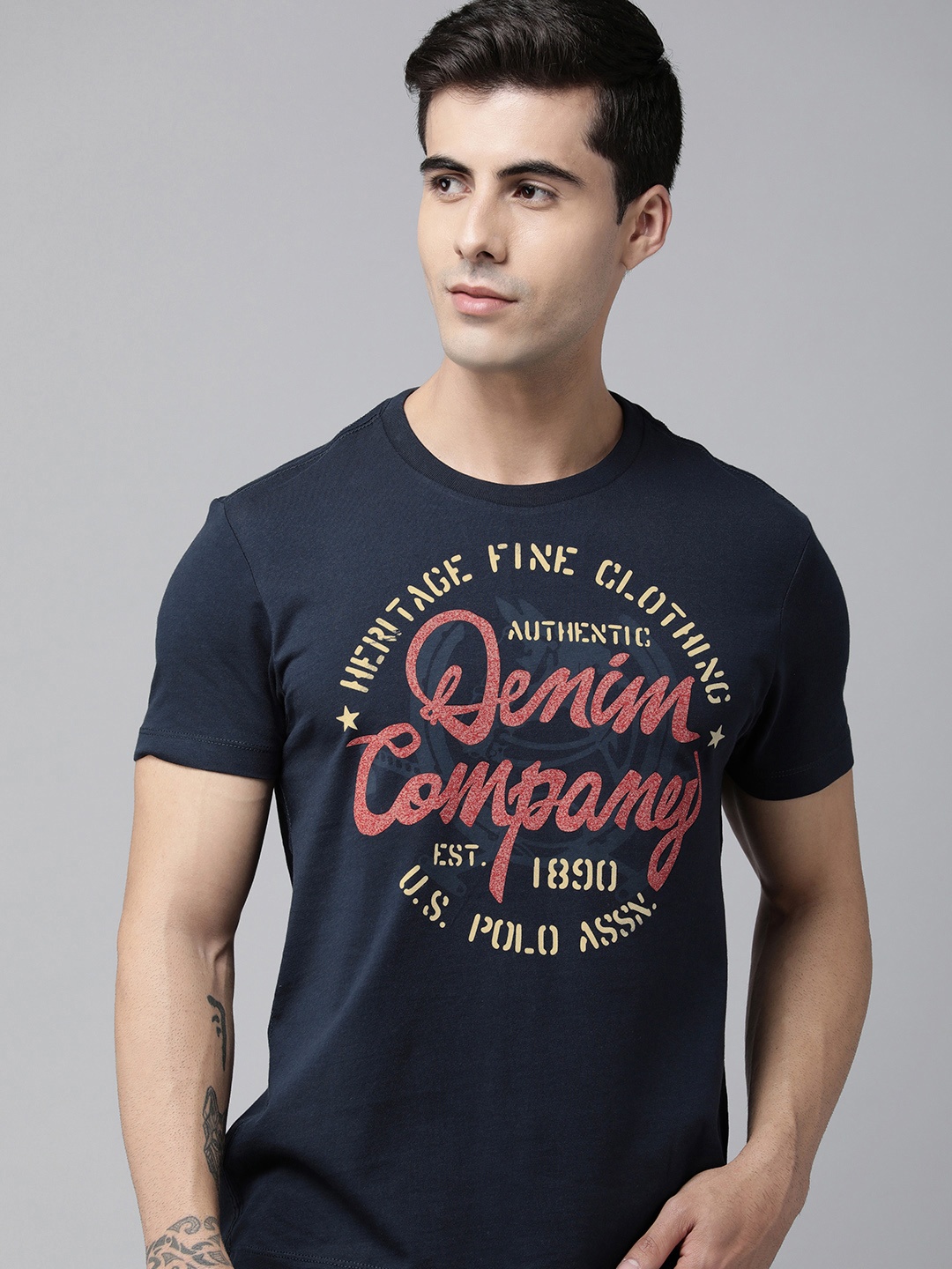 

U S Polo Assn Denim Co Men Navy Blue Typography Printed Slim Fit T-shirt