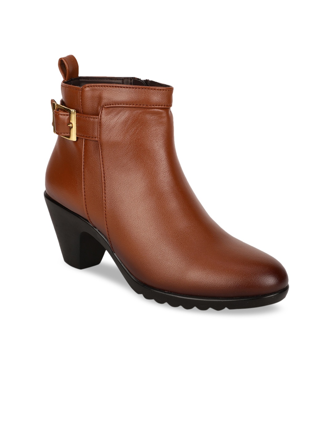 

Bruno Manetti Women Tan Leather Block Heeled Boots with Buckles
