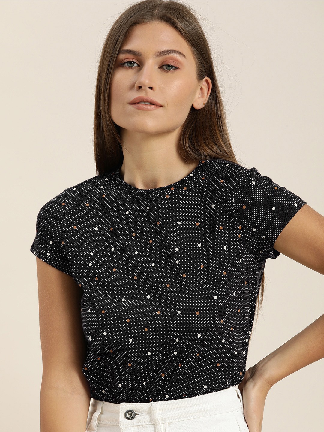 

ether Women Black Polka Dot Printed Casual T-shirt