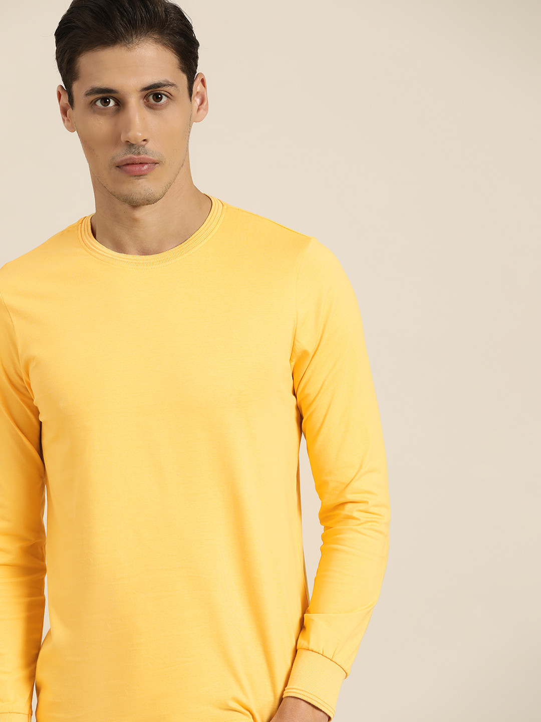 

ether Men Yellow Pure Cotton Solid Round Neck T-shirt