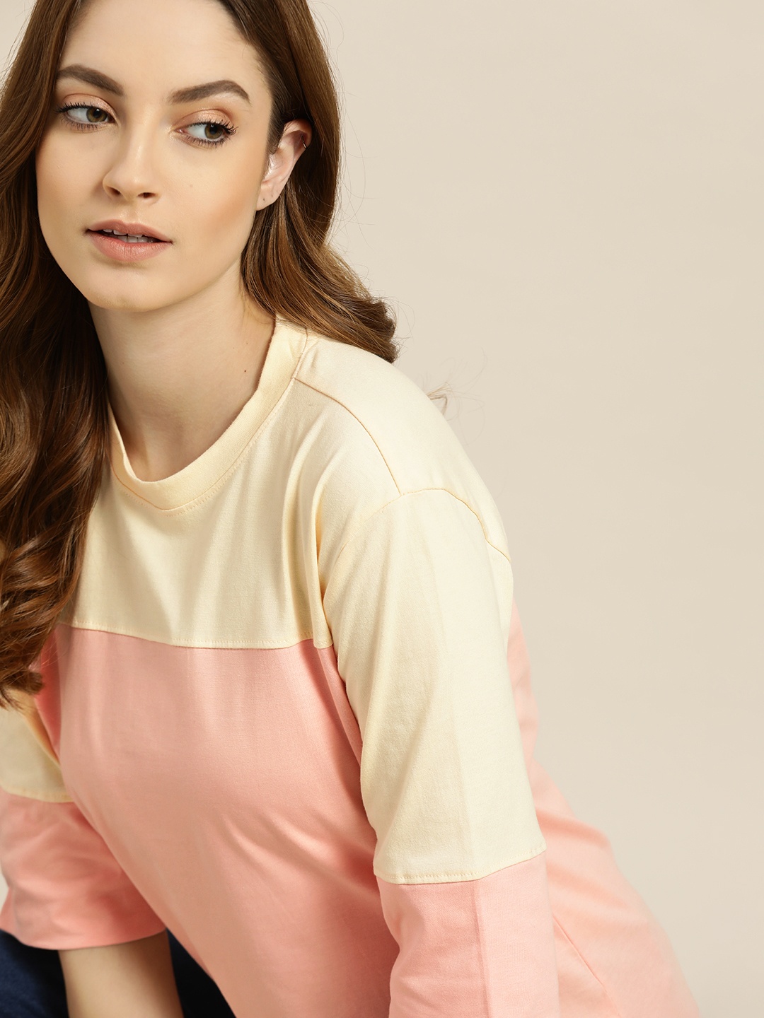 

ether Women Cream-Coloured & Peach-Coloured Colourblocked Pure Cotton T-shirt