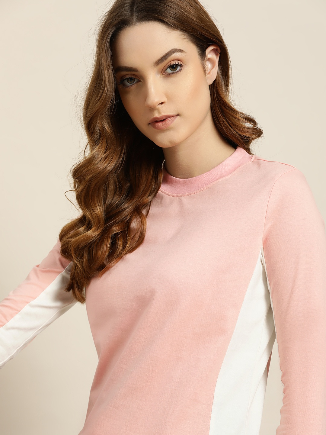 

ether Women Peach-Coloured & White Pure Cotton Colourblocked T-shirt