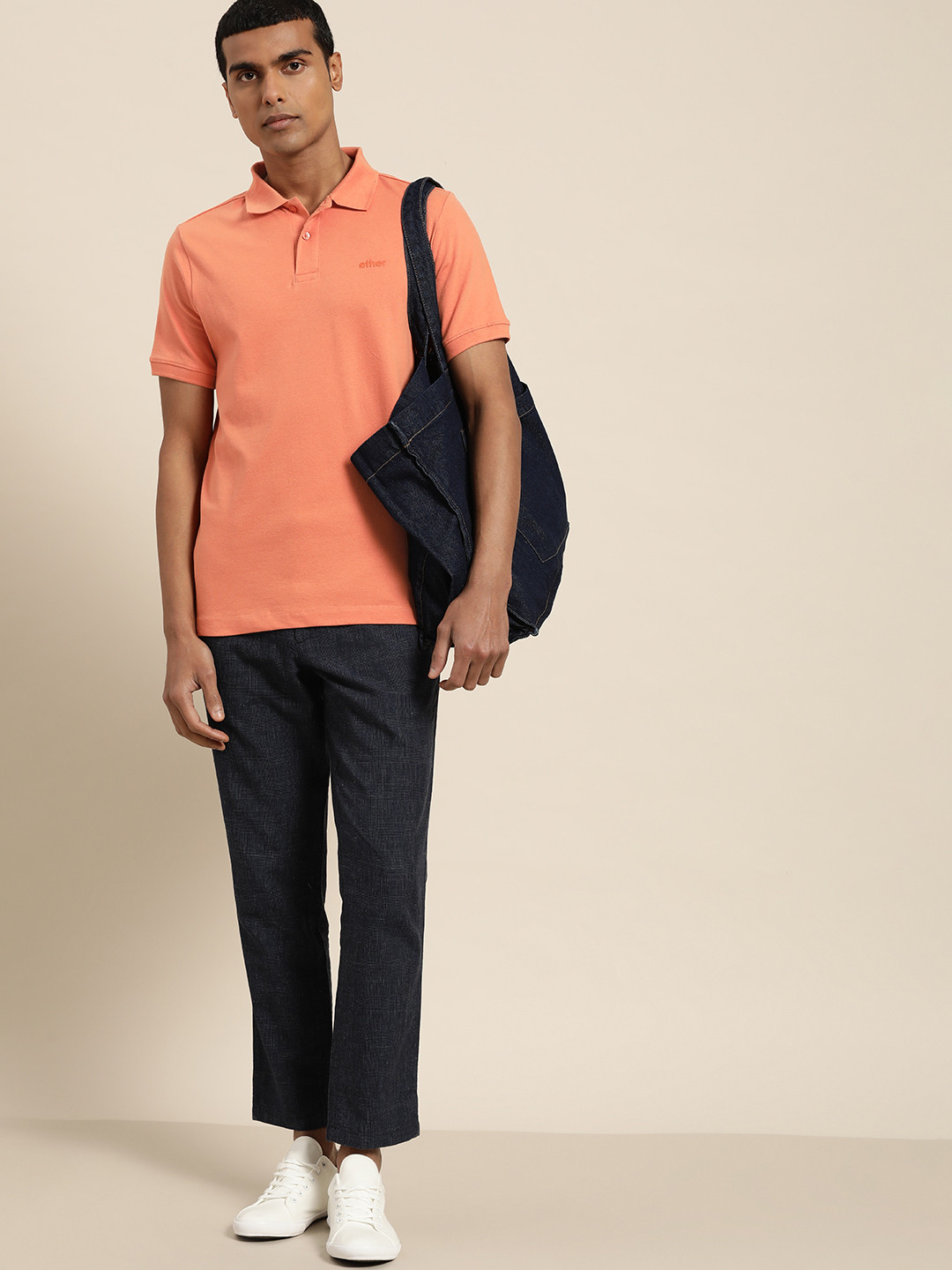 

ether Men Peach-Coloured Solid Pique Polo Collar T-shirt
