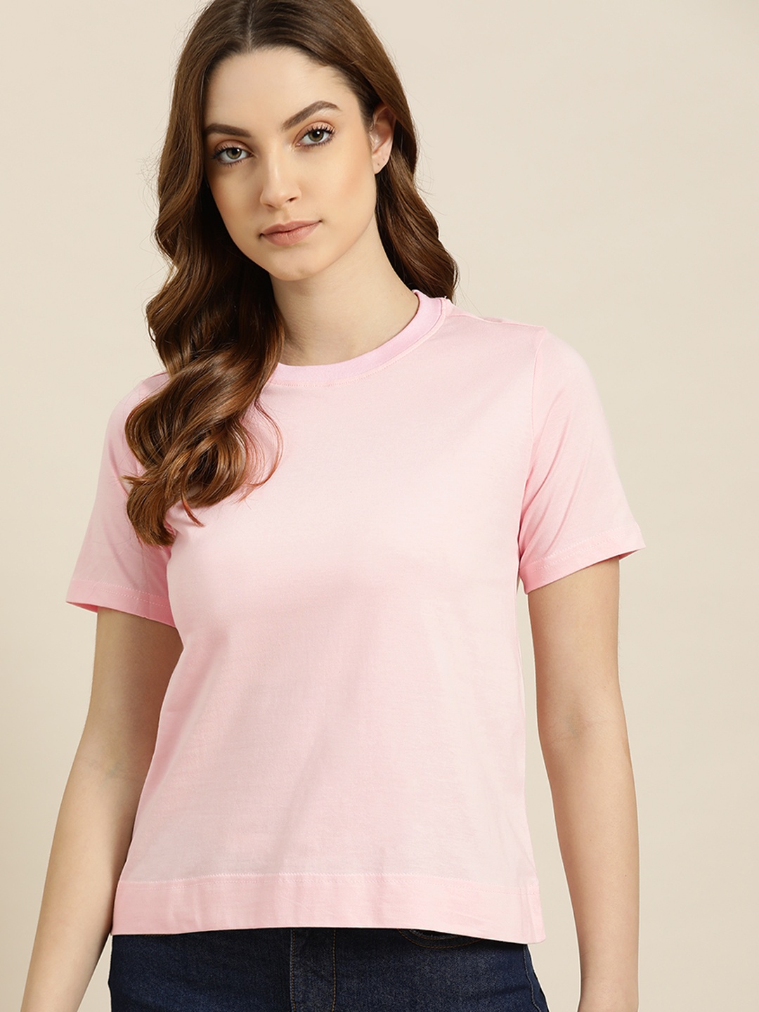 

ether Women Pink Pure Cotton Solid T-shirt