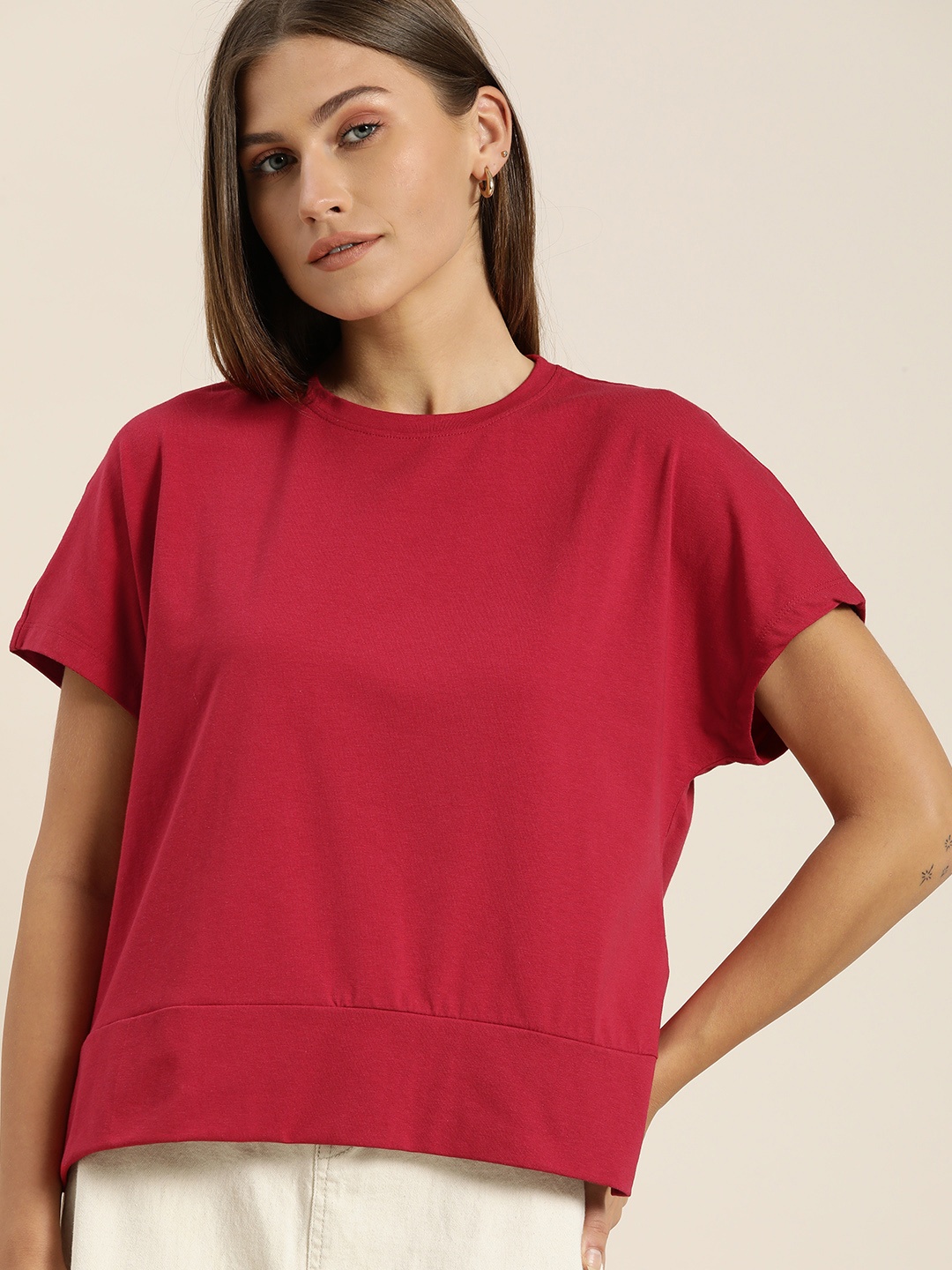 

ether Women Pink Solid Relaxed Fit Casual Top