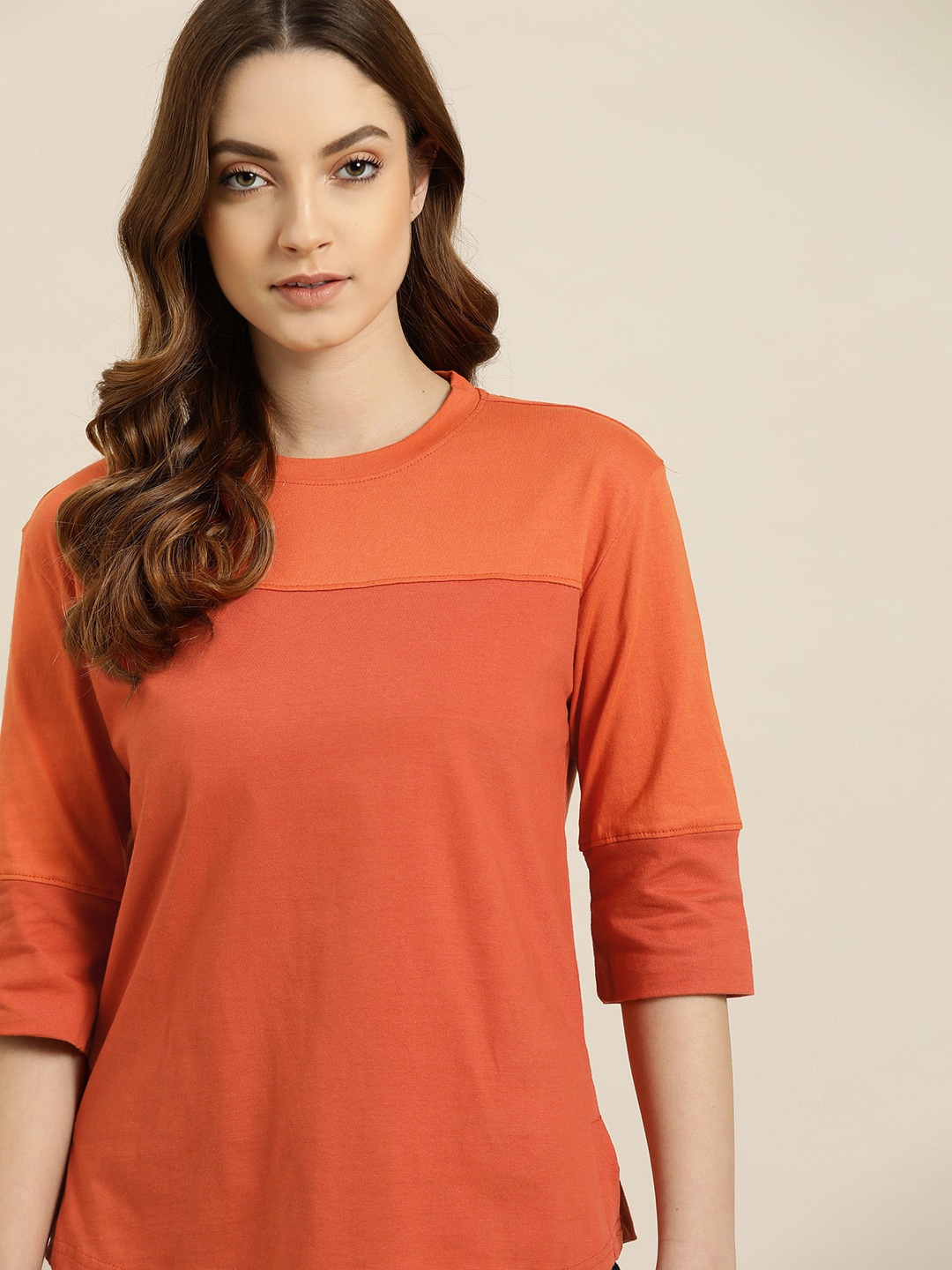 

ether Women Orange Colourblocked Pure Cotton T-shirt