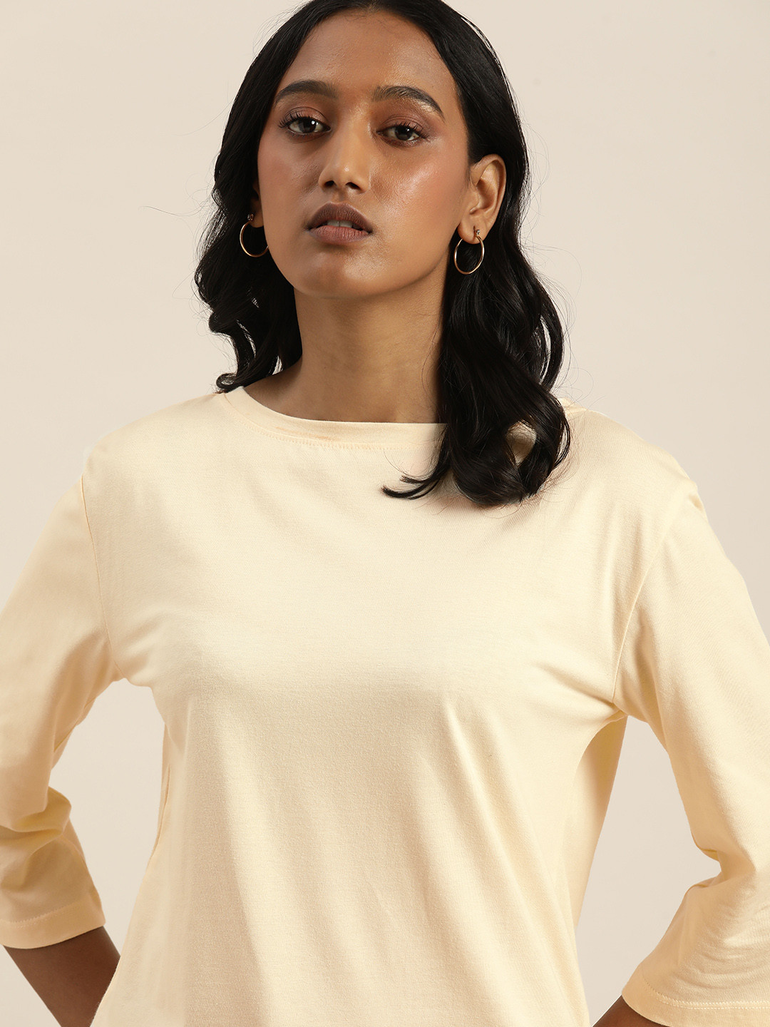 

ether Women Cream-Coloured Solid Extended Sleeves T-shirt