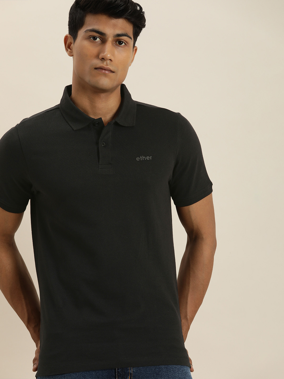 

ether Men Black Brand Logo Printed Polo Collar T-shirt