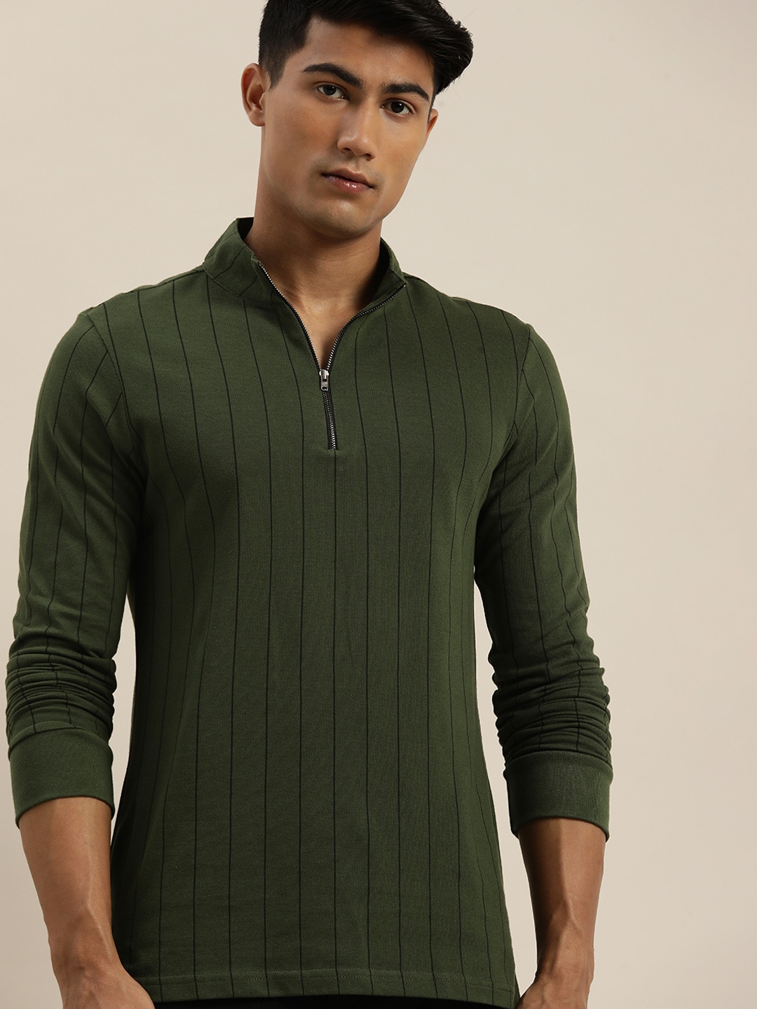 

ether Men Olive Green & Black Striped High Neck Pure Cotton T-shirt