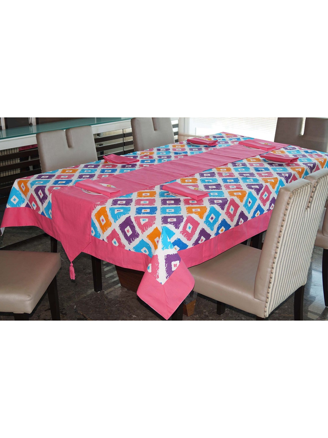 

Lushomes Set Of 8 Pink & Blue Printed Cotton 6-Seater Table Cover, 1 Runner