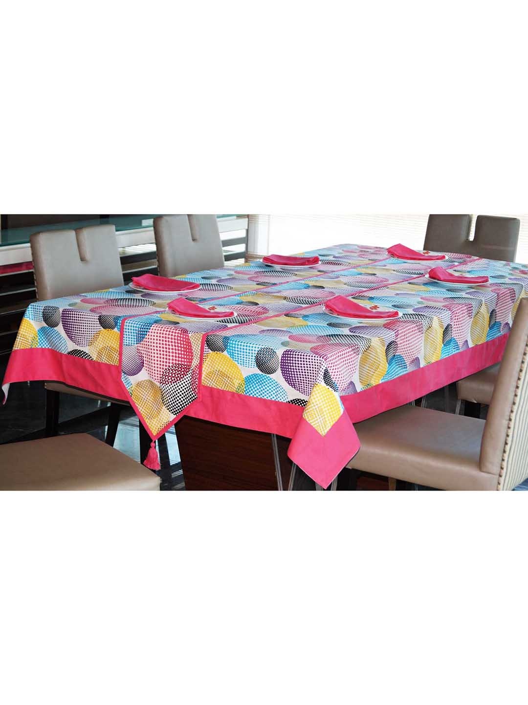 

Lushomes White & Pink Printed Cotton 6-Seater Dining Table Cloth With 6 Napkins & Runner