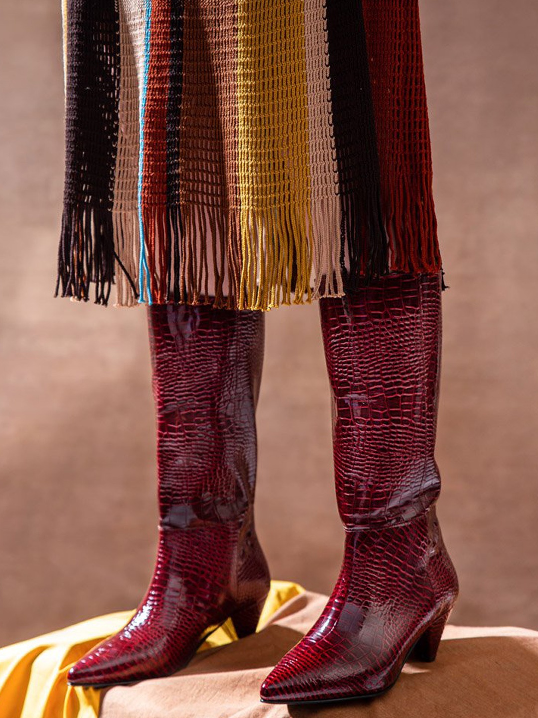 

Saint G Women Burgundy Croco Embossed Calf Length Boots