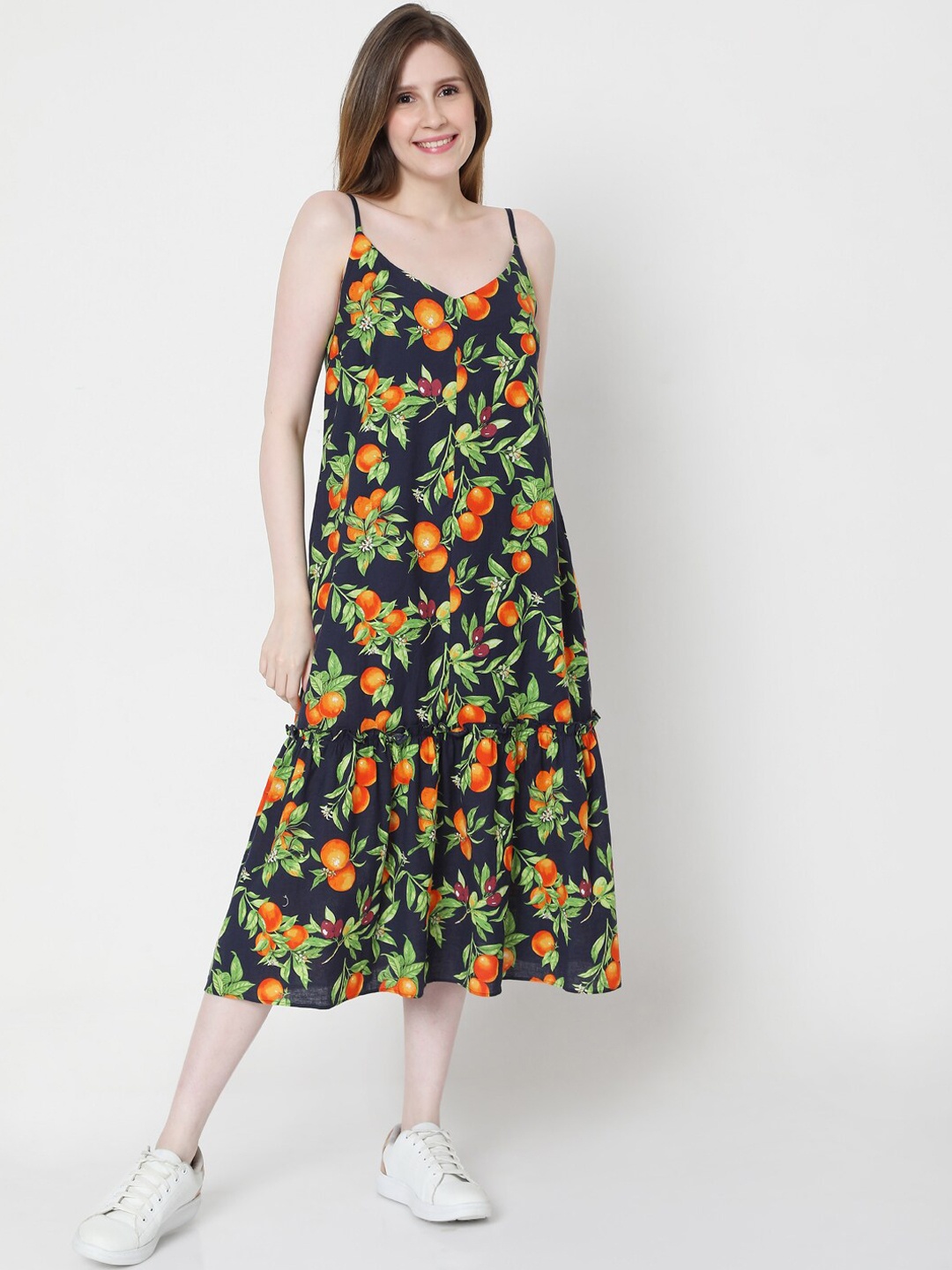 

Vero Moda Navy Blue & Orange A-Line Midi Dress