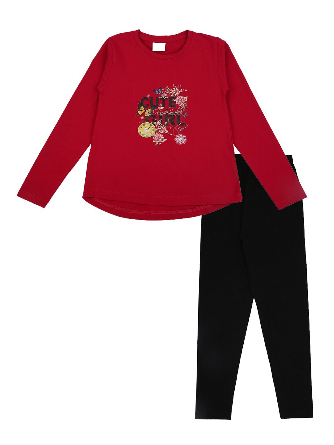 

RAINE AND JAINE Girls Red & Black Printed T-shirt with Pyjamas