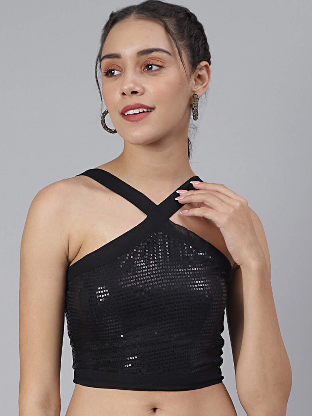 SCORPIUS Black Halter Neck Georgette Styled Back Crop Top