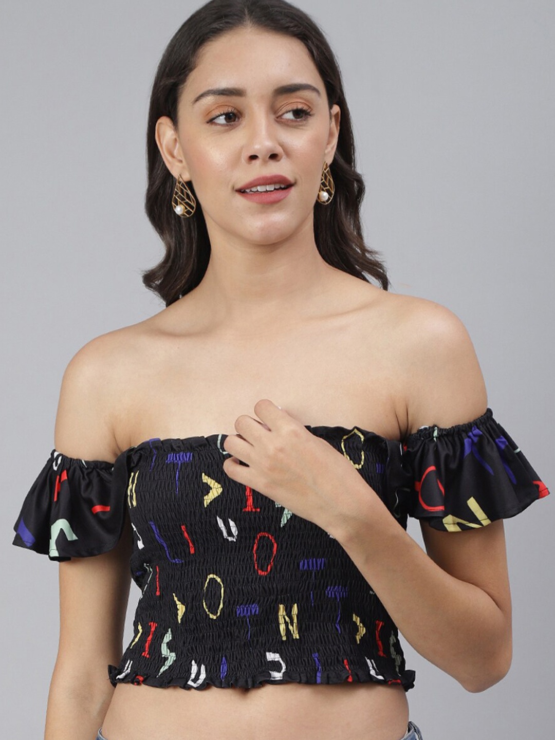 

SCORPIUS Black Floral Off-Shoulder Smocked Bardot Crop Top