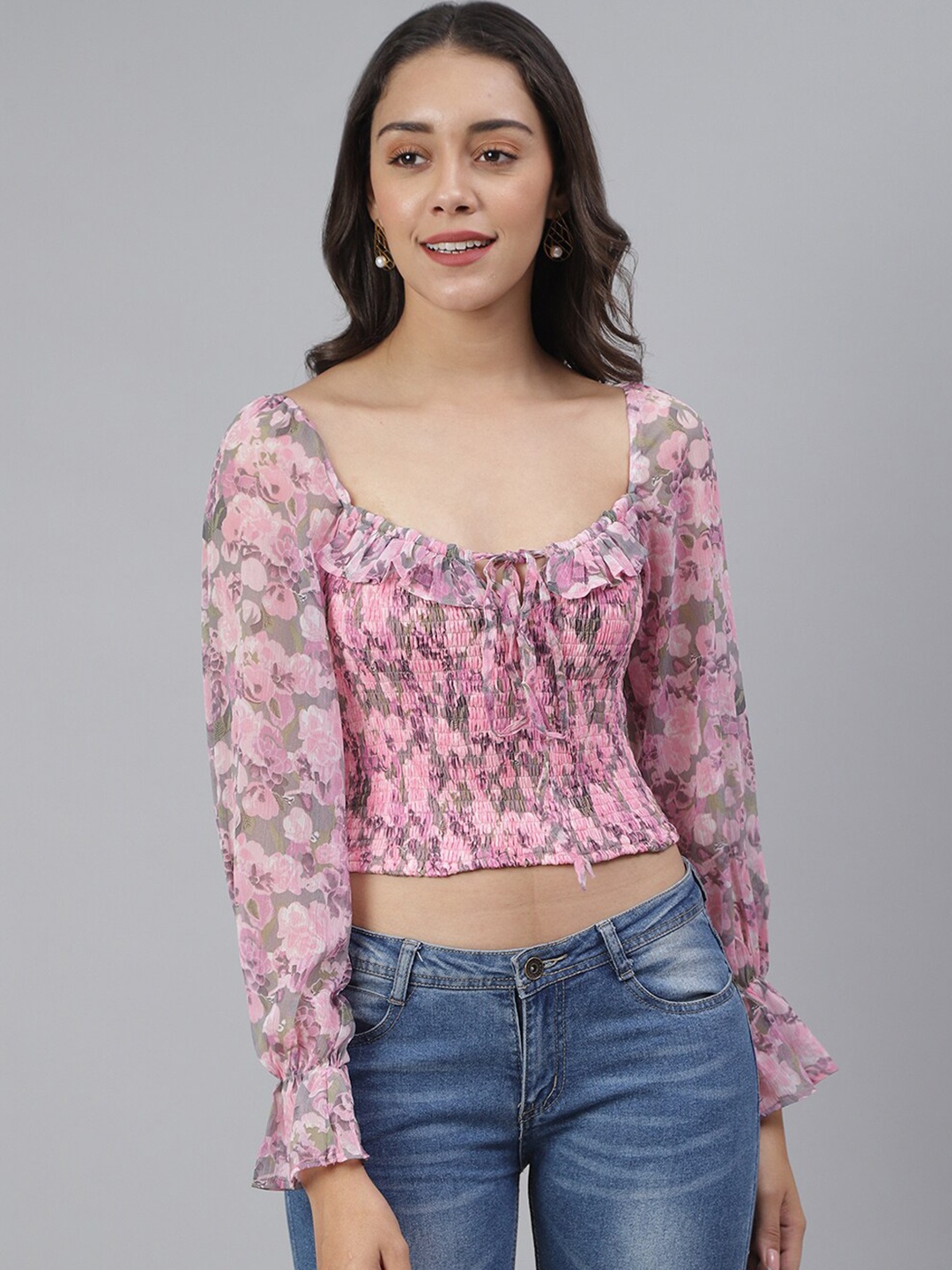 

SCORPIUS Pink Floral Smocked Chiffon Blouson Crop Top