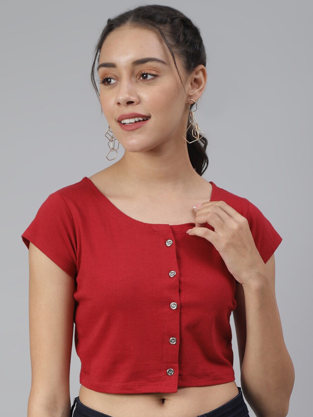 

SCORPIUS Women Maroon Regular Front Button Crop Top