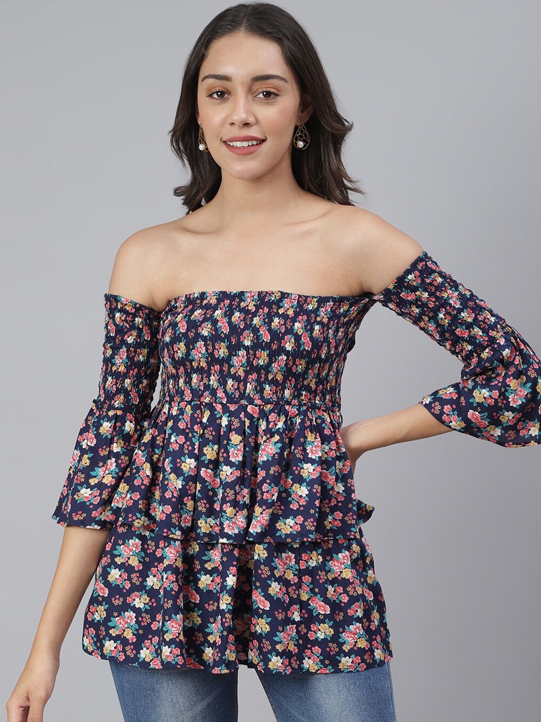 

SCORPIUS Purple Floral Smocked Bardot Top
