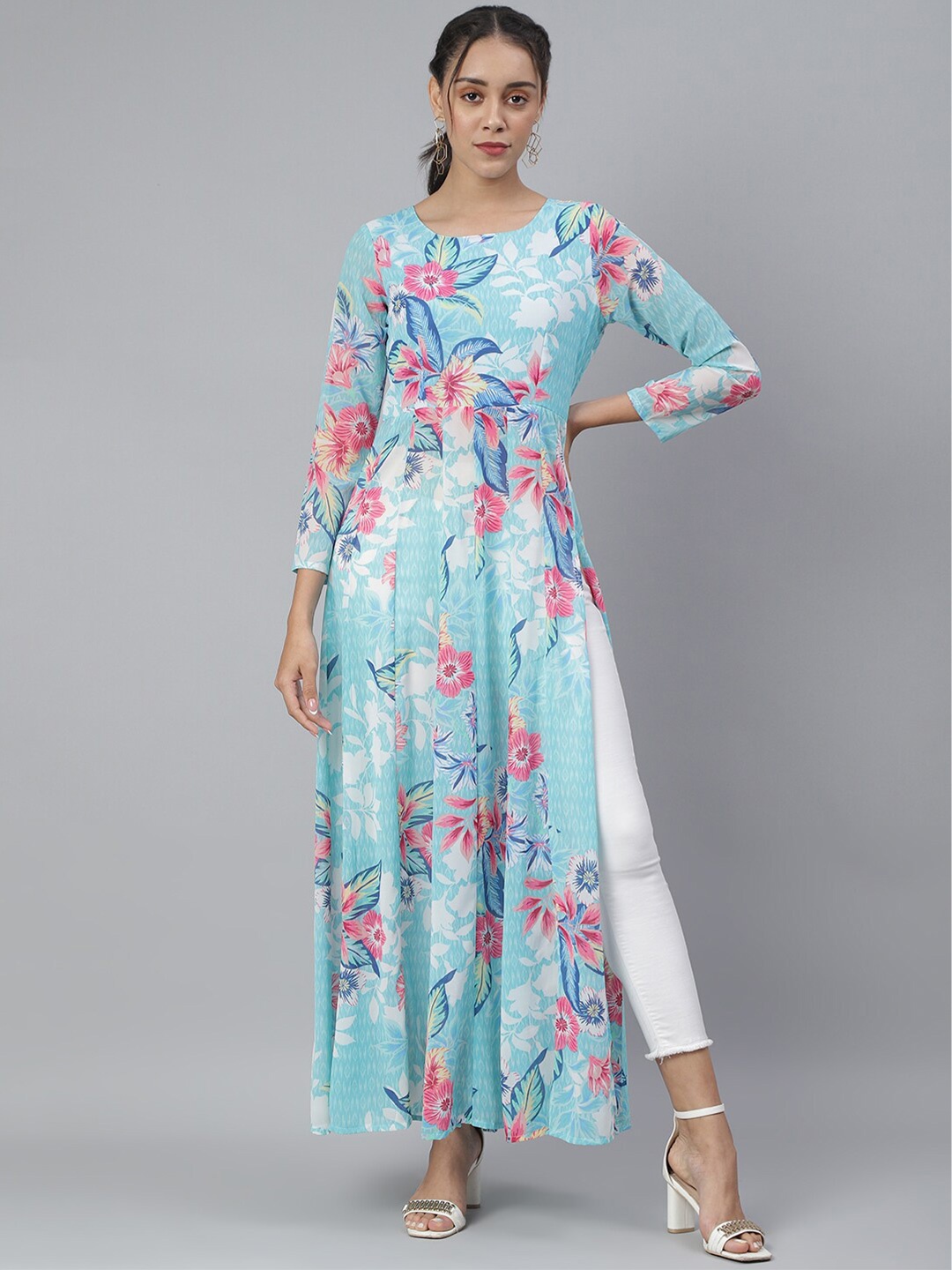 

SCORPIUS Blue & Pink Floral Georgette Maxi Longline Top