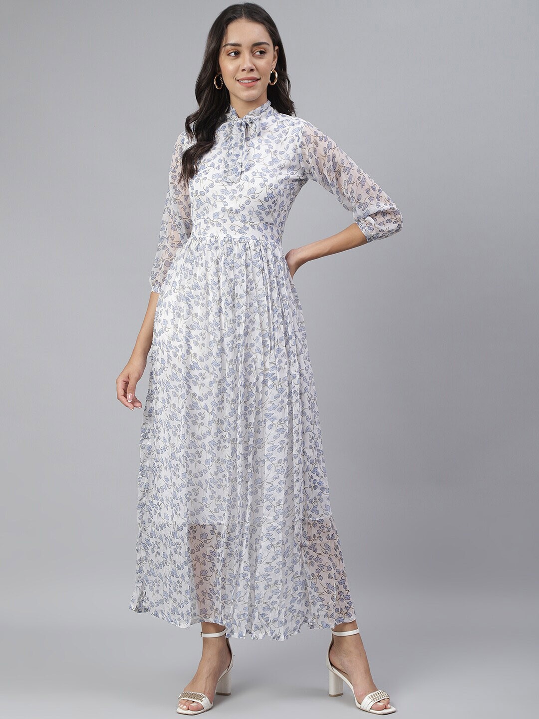 

SCORPIUS White Floral Tie-Up Neck Chiffon Maxi Dress