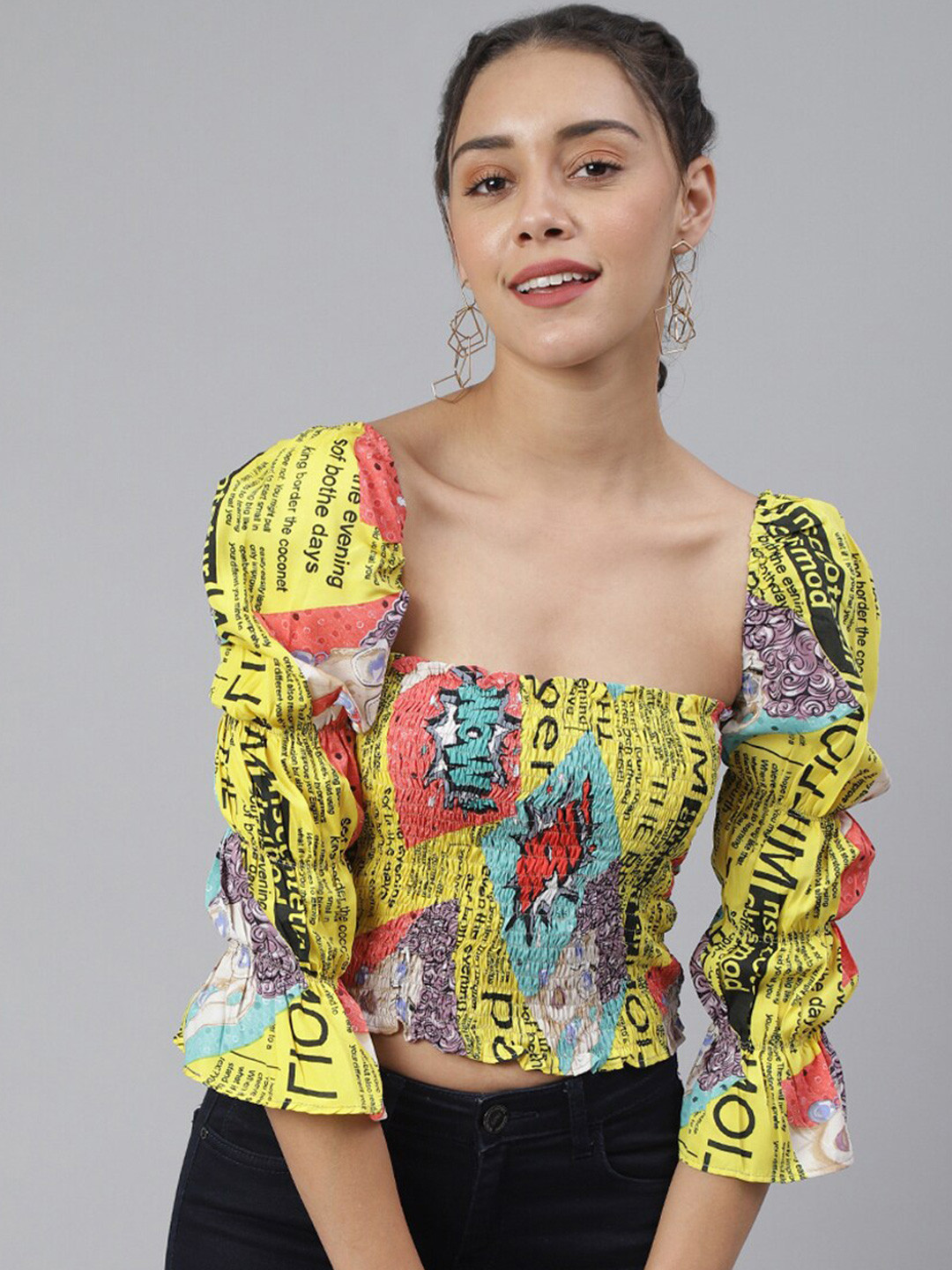 

SCORPIUS Women Yellow Graphic Smocked Crepe Regular Crop Top