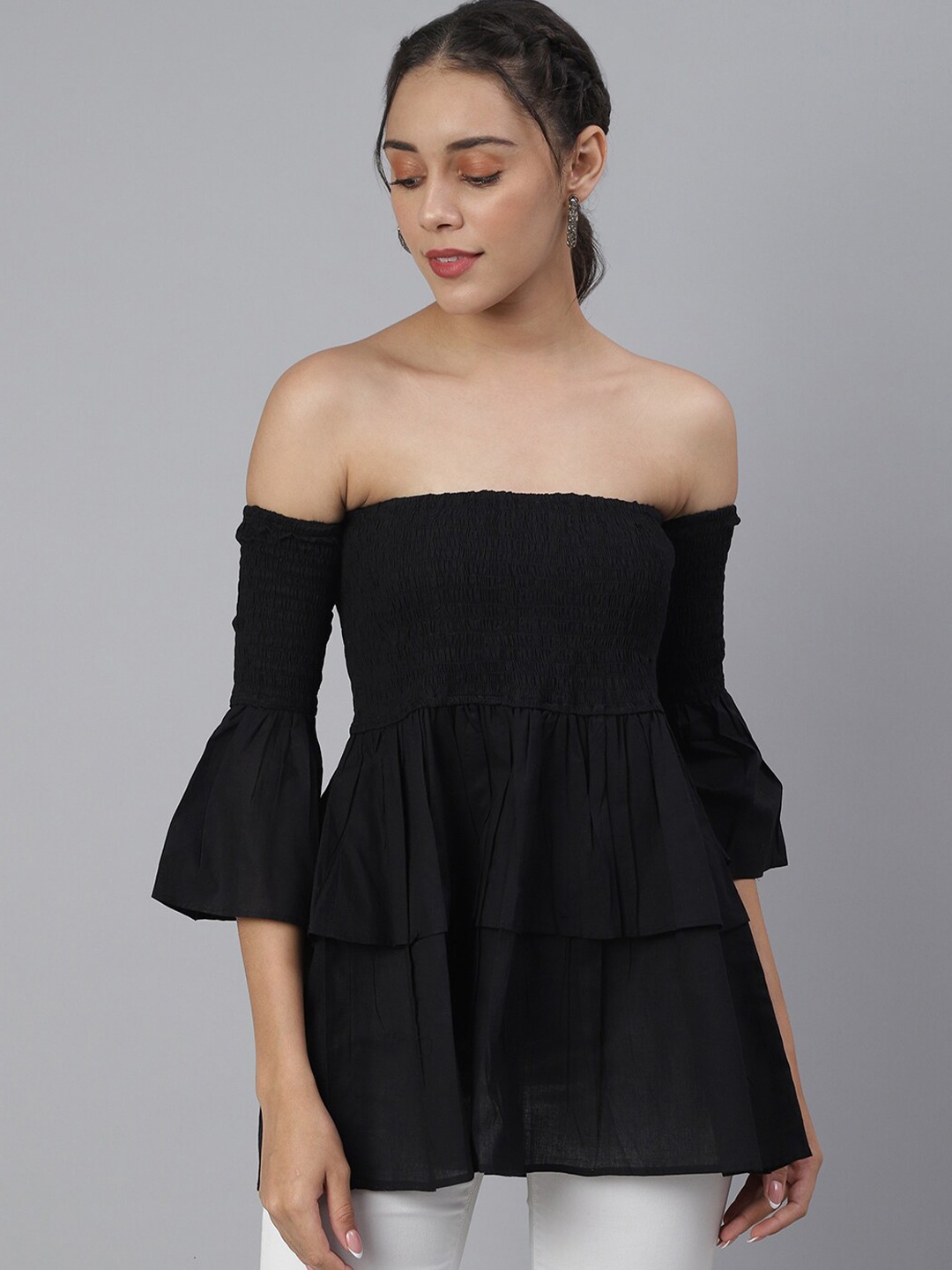 

SCORPIUS Black Off-Shoulder Smocked Bardot Top