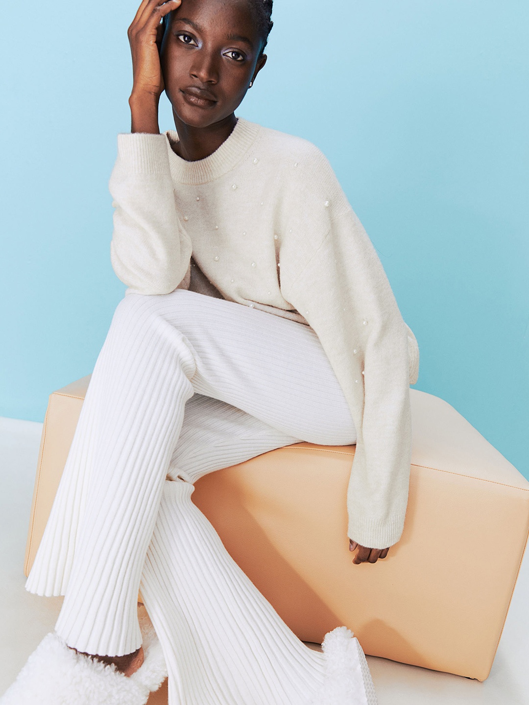 

H&M Women Beige Beaded jumper