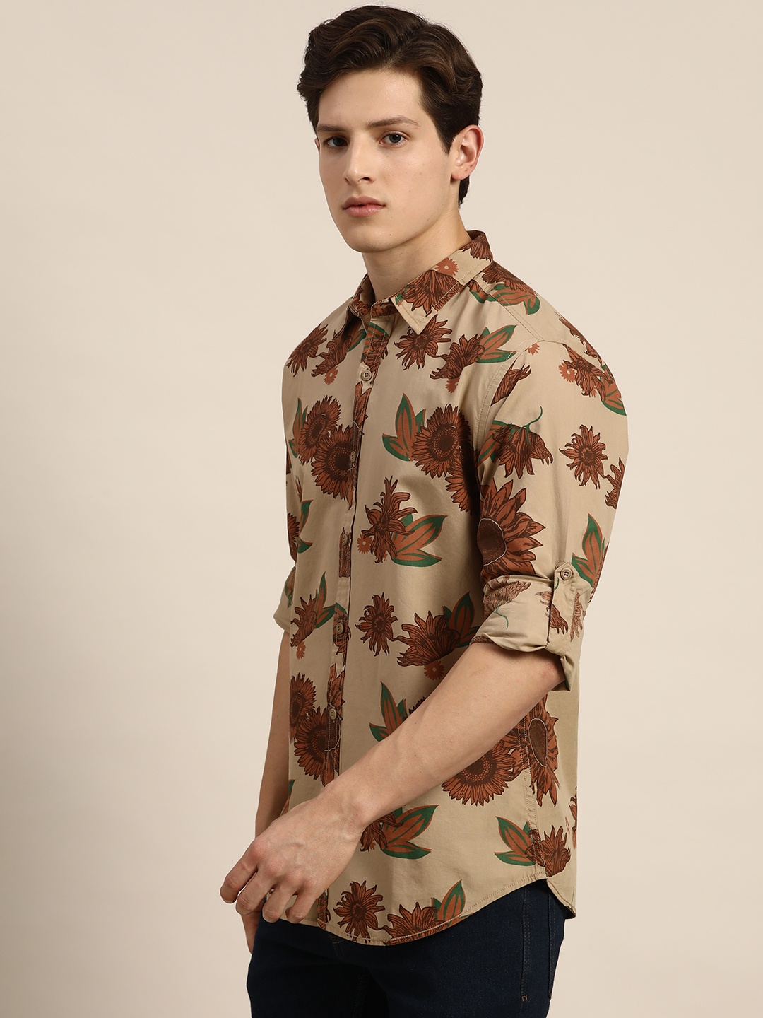 

Moda Rapido Men Beige & Brown Slim Fit Floral Printed Cotton Shirt