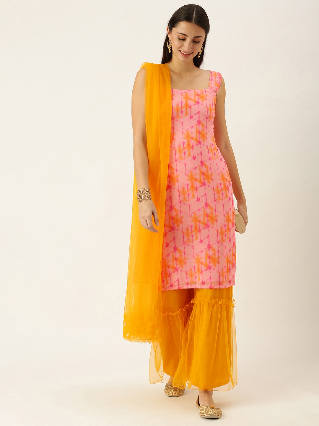 

Ethnovog Women Pink Made To Measure Printed Kurta with Yellow Sharara Dupatta