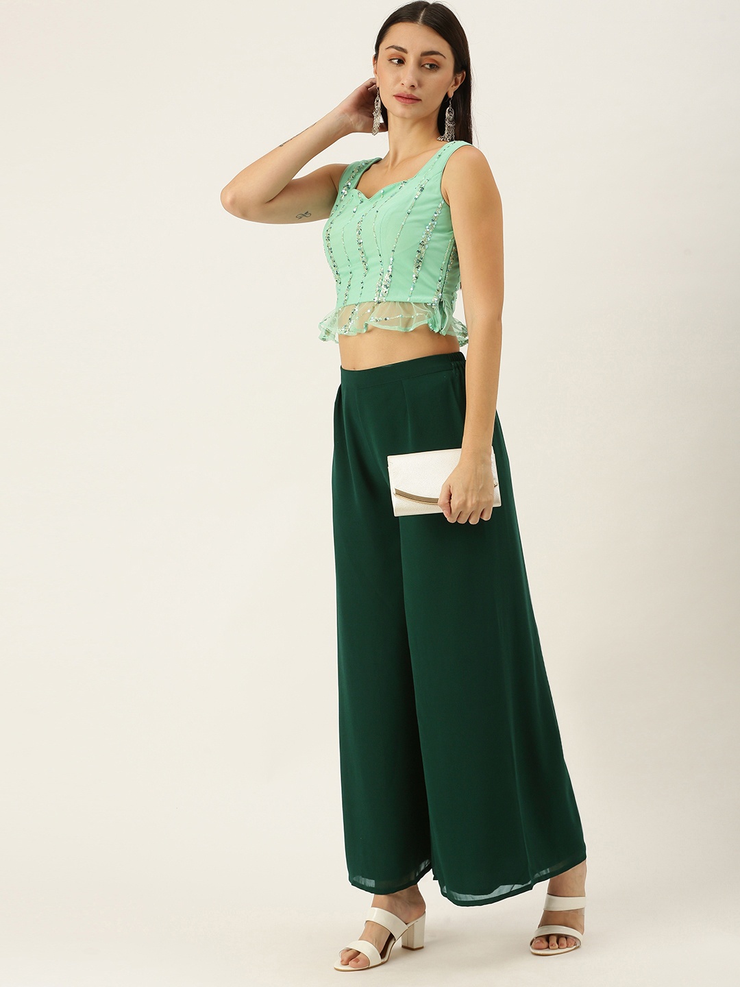 

Ethnovog Green Made To Measure Embellished Top and Palazzo Co-ords
