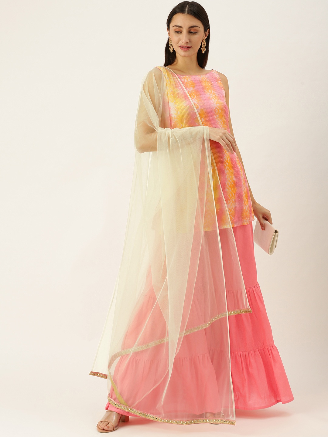 

Ethnovog Women Pink Made To Measure Printed Kurti with Sharara Dupatta