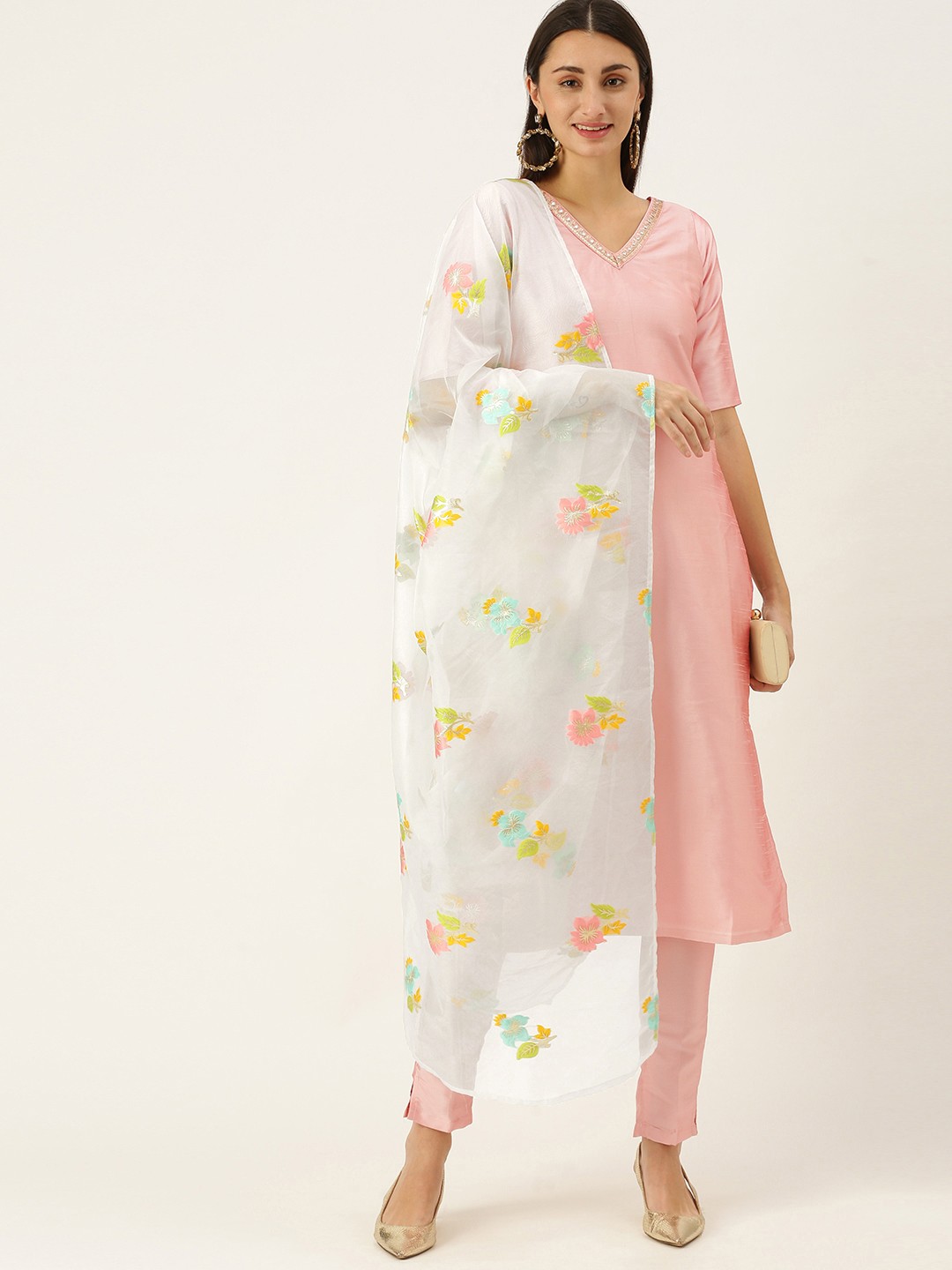 

Ethnovog Women Pink Made To Measure Art Silk Kurta with Trousers With Dupatta