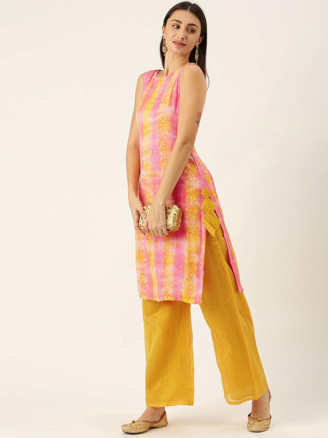 

Ethnovog Women Made To Measure Pink Printed Kurta with Yellow Palazzos