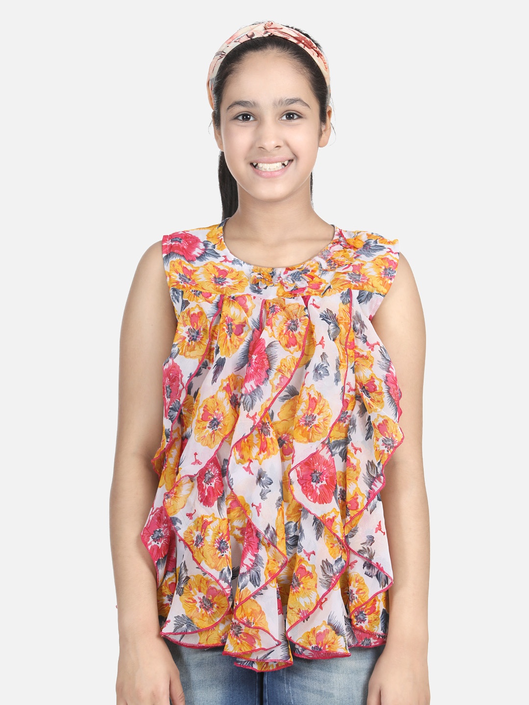 

Cutiekins White & Mustard Yellow Floral Print Ruffles Crepe Top