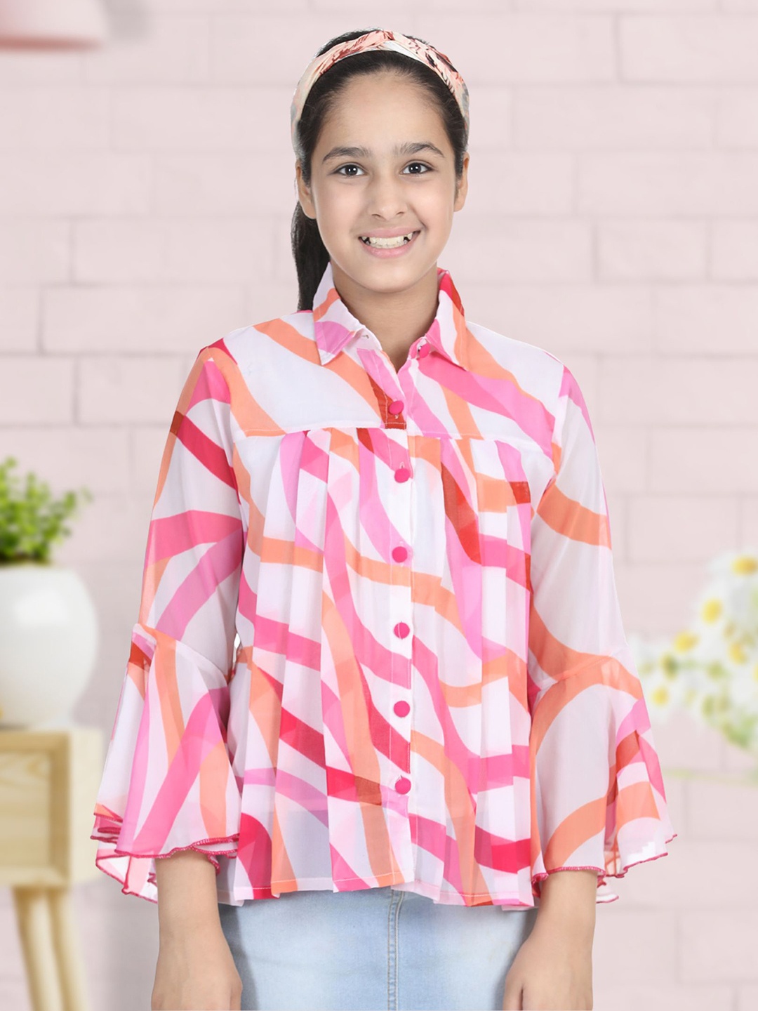 

Cutiekins White & Pink Print Ruffles Crepe Shirt Style Top