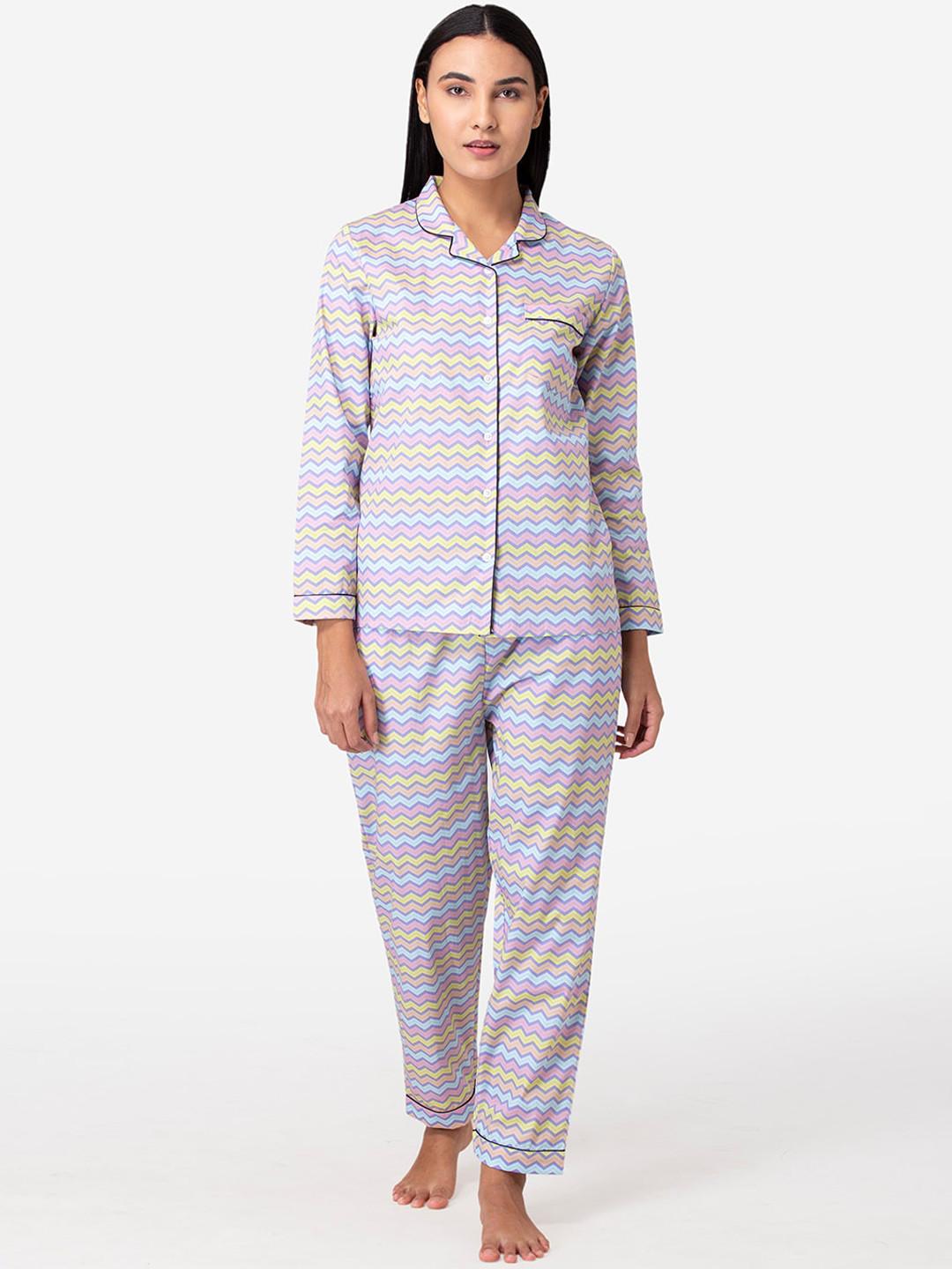 

Fluffalump Women Pink & Yellow Striped Night suit