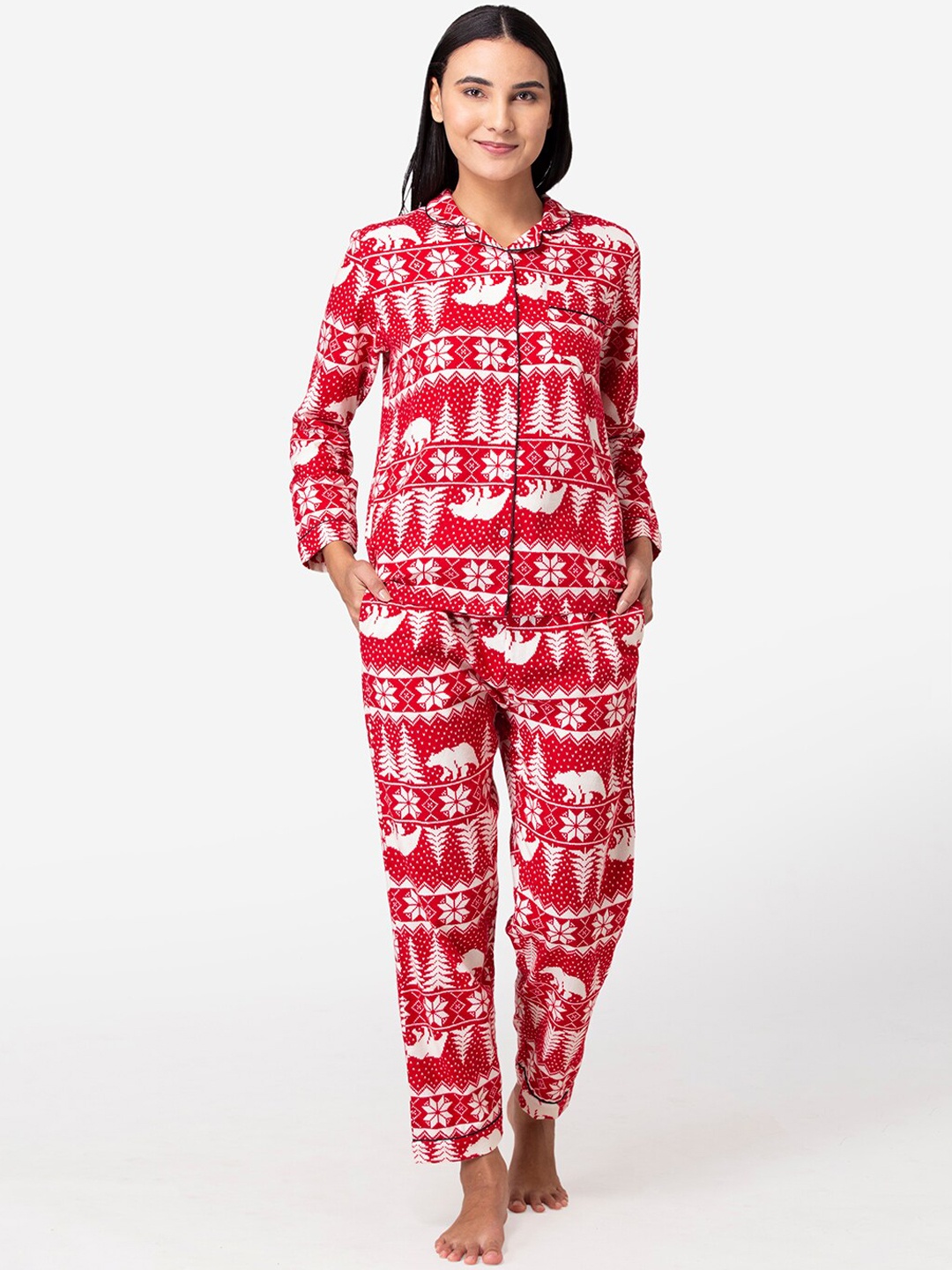 

Fluffalump Women Red & White Printed Pure Cotton Flannel Night suit