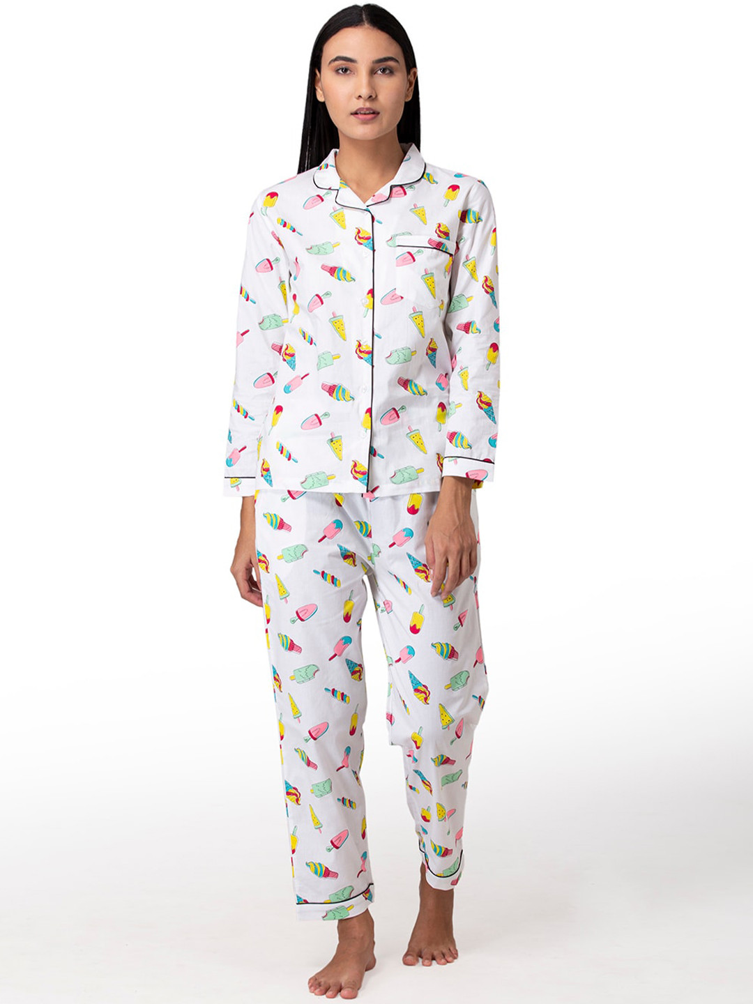 

Fluffalump Women White & Yellow Printed Pure Cotton Night suit