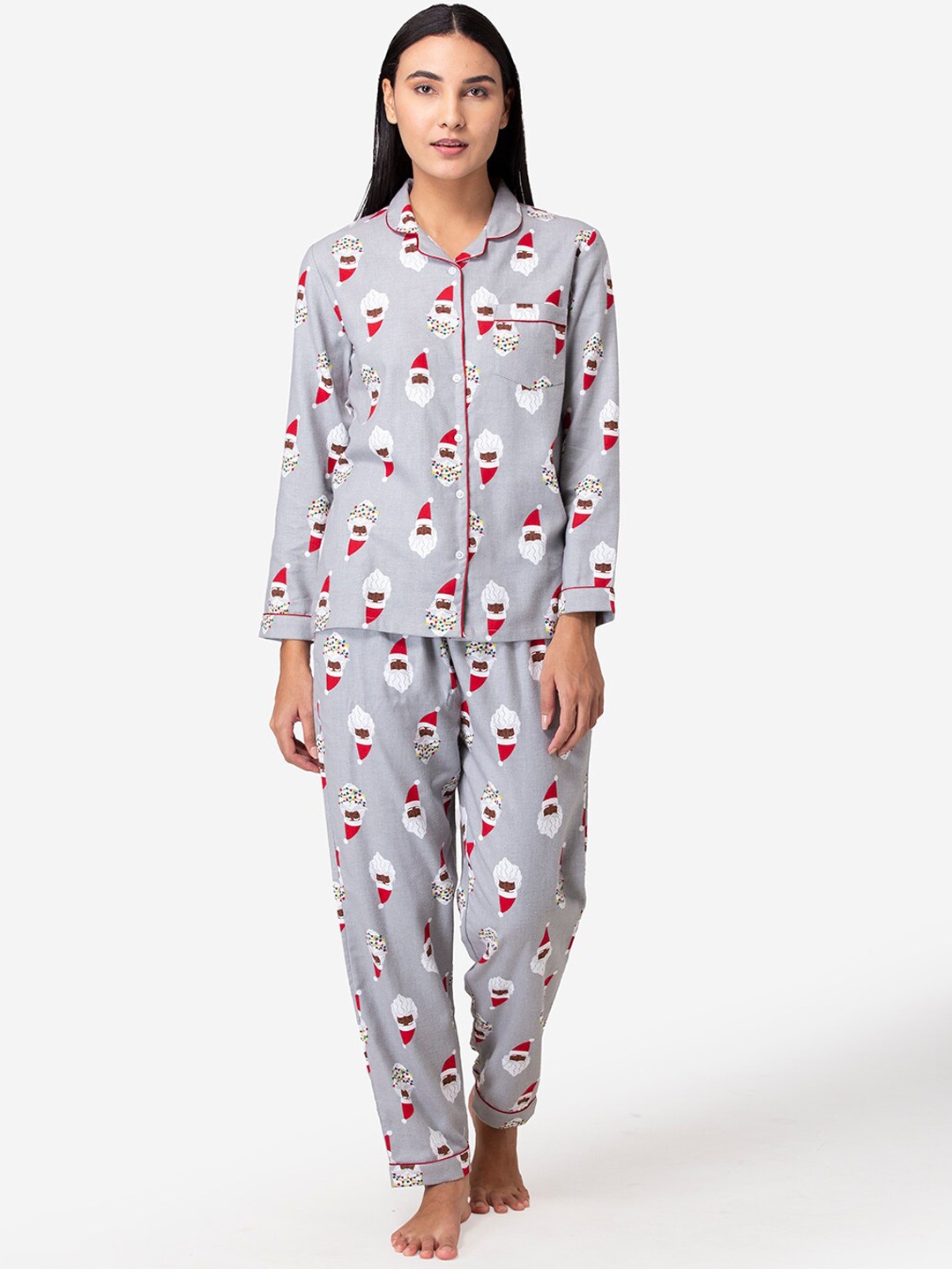 

Fluffalump Women Grey & Red Printed Pure Cotton Flannel Night suit