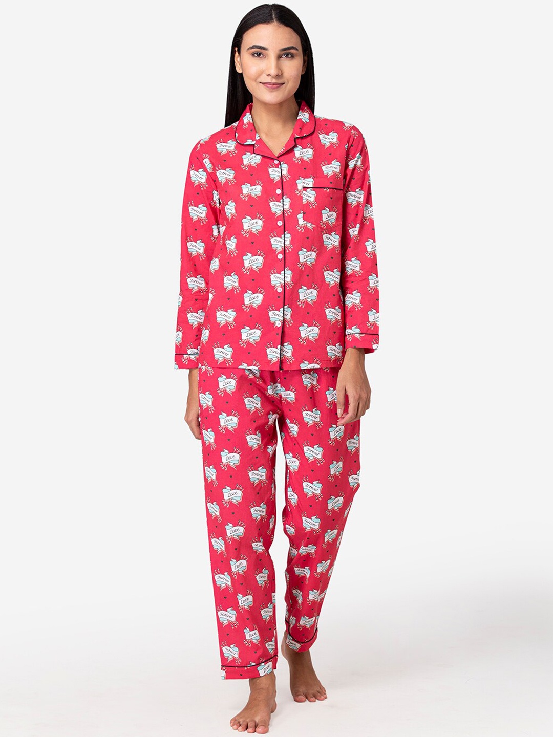 

Fluffalump Women Pink & White Printed Pure Cotton Night suit