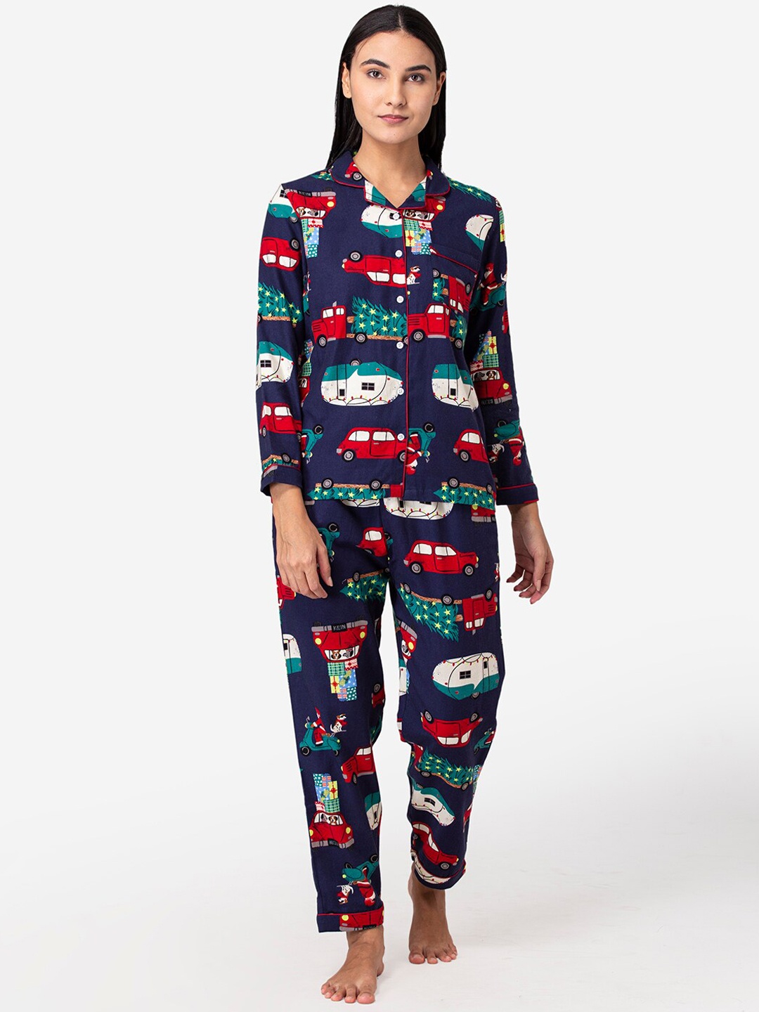 

Fluffalump Women Blue & Red Pure Cotton Printed Flannel Night suit