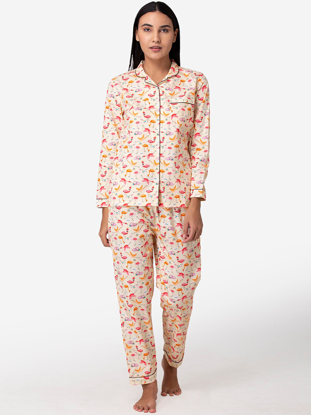 

Fluffalump Women Peach-Coloured & Coral Printed Night suit