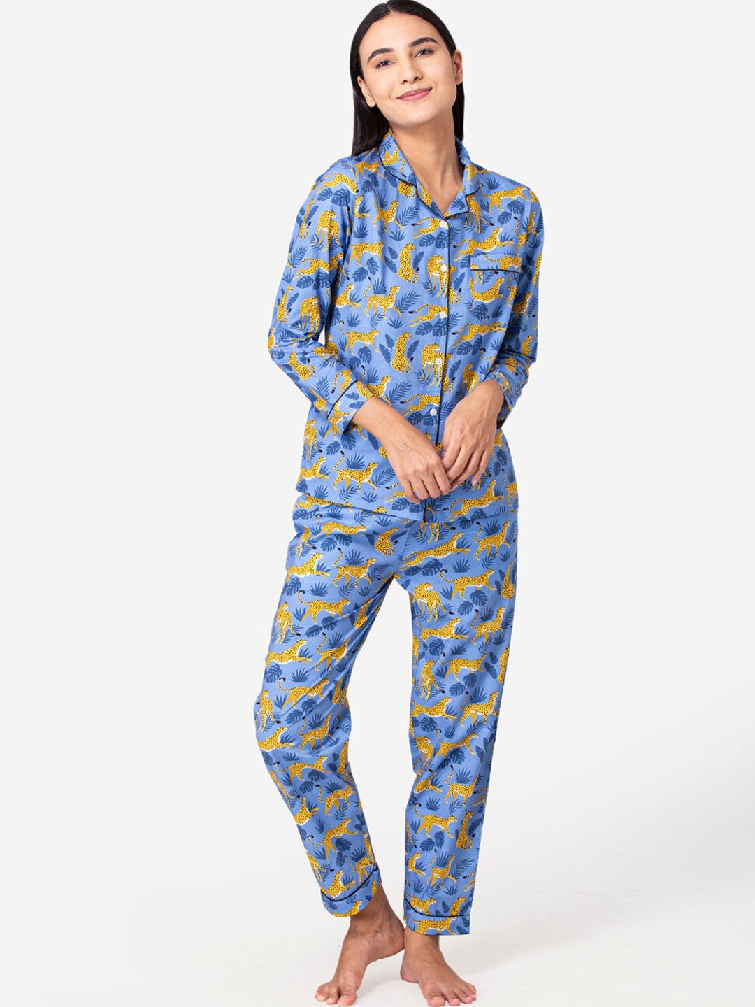

Fluffalump Women Blue & Yellow Printed Pure Cotton Night suit