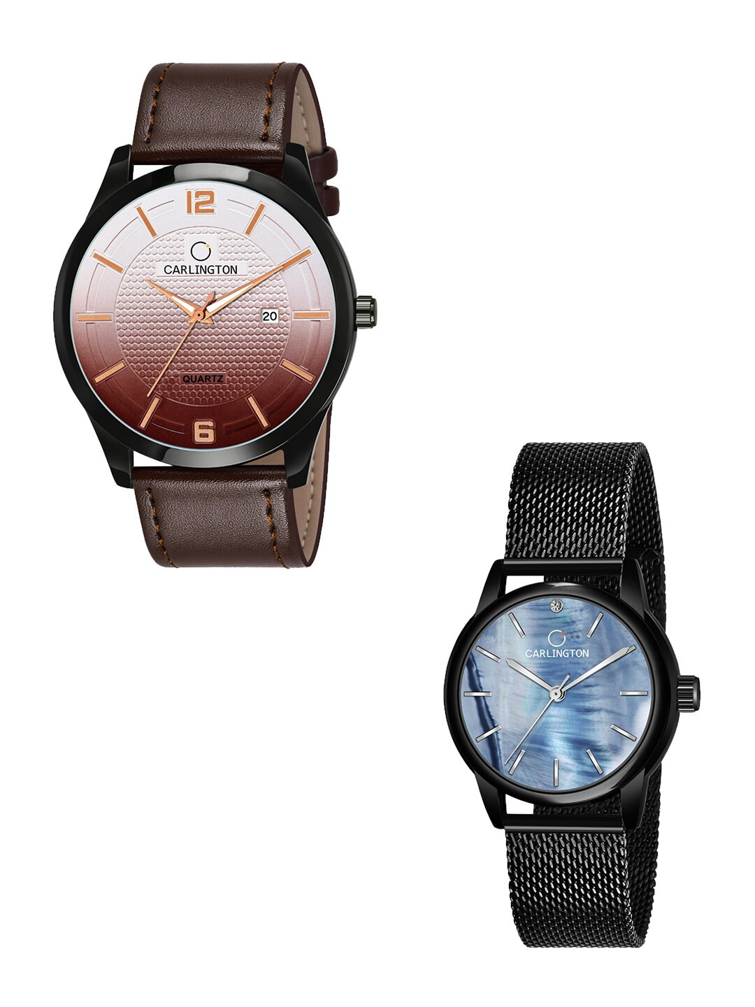 

CARLINGTON 2 Blue Dial & Brown Leather Straps Analogue Watch Combo CT1010 - CT2010