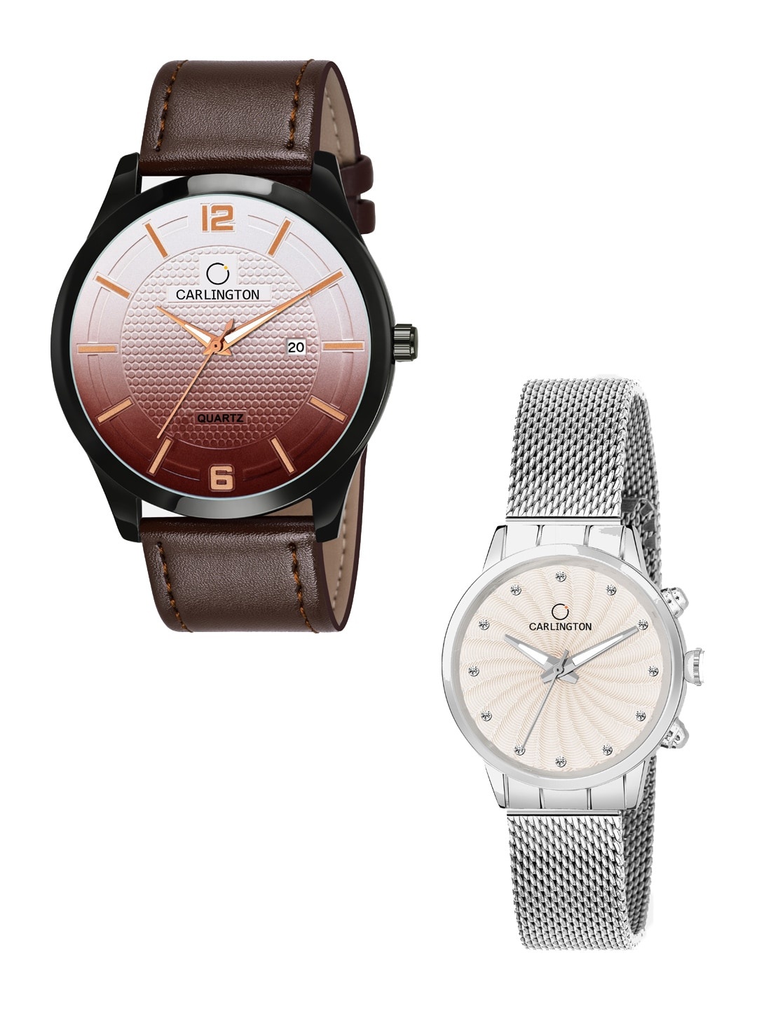 

CARLINGTON Unisex Brown & Silver-Toned Set Of 2 Analogue Watch Gift Set