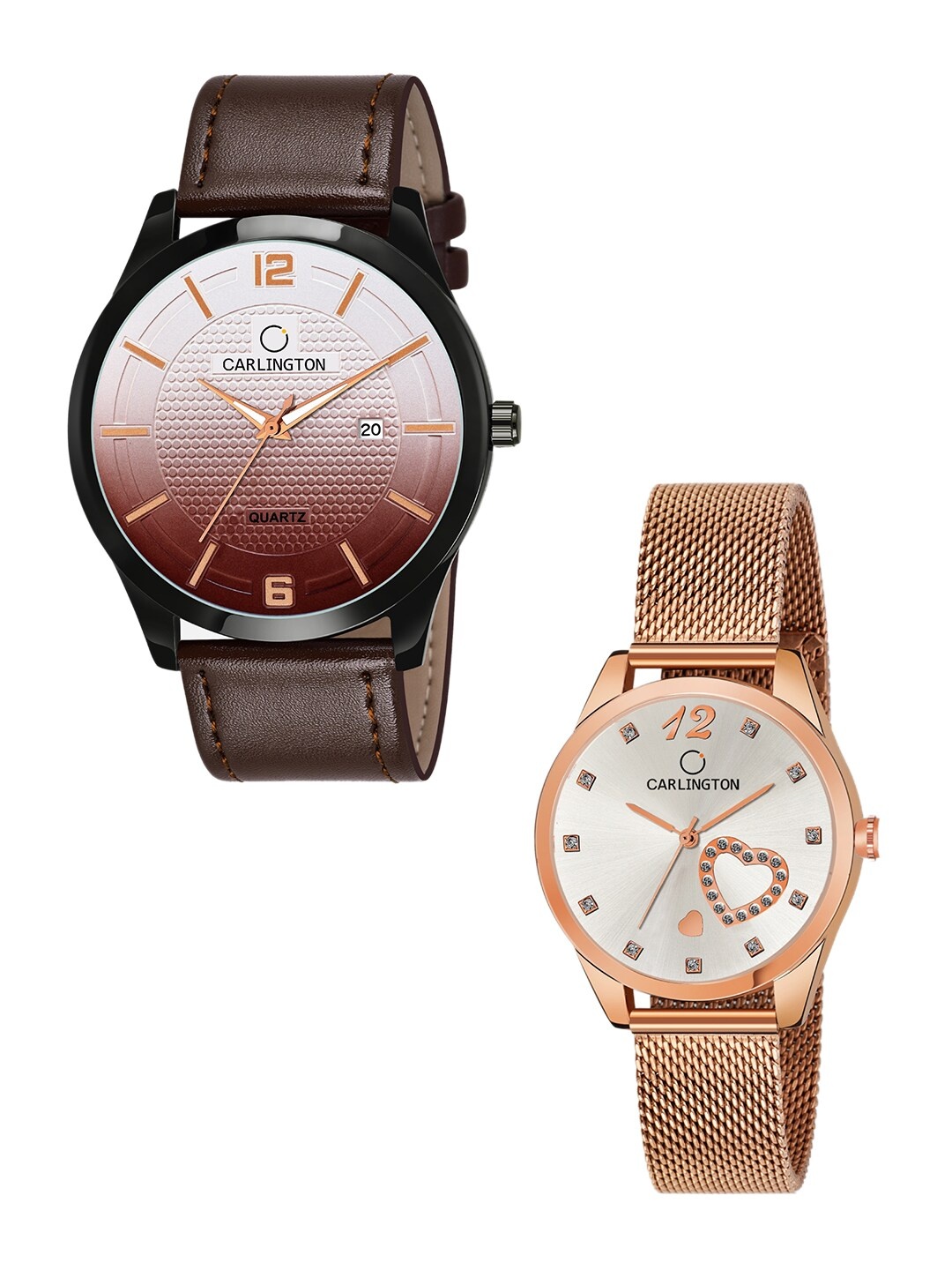 

CARLINGTON Unisex Multicoloured Analogue Watch Combo CT1010 Brown - CT2006 RoseWhite