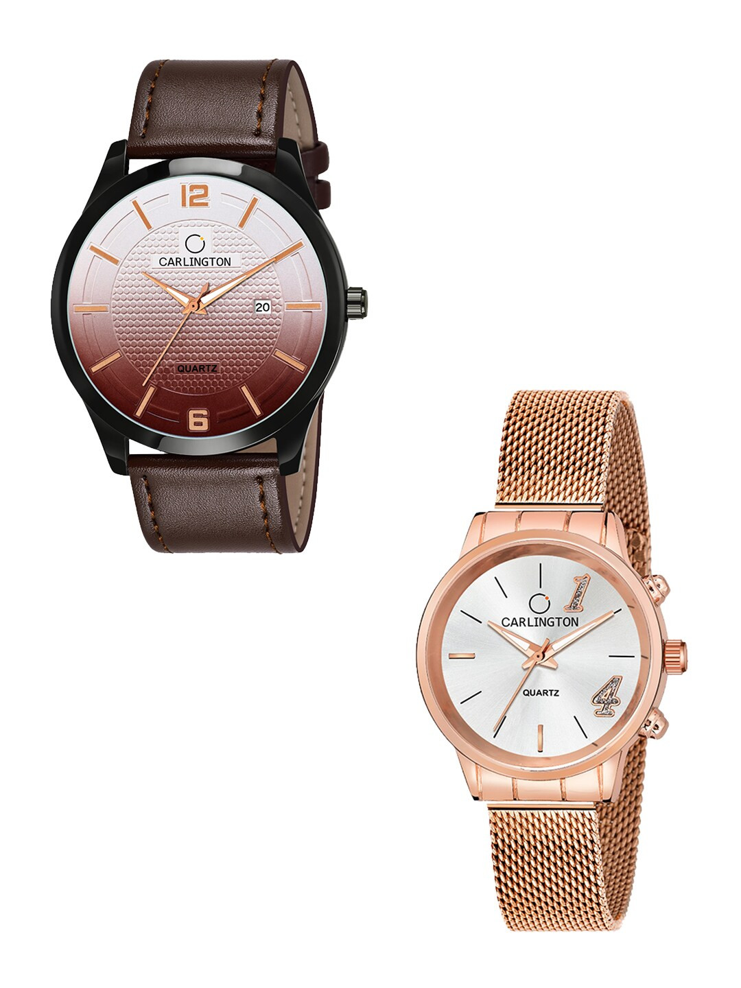 

CARLINGTON Unisex Pack Of 2 Analog Watches - Combo CT1010 Brown - CT2012 RoseWhite