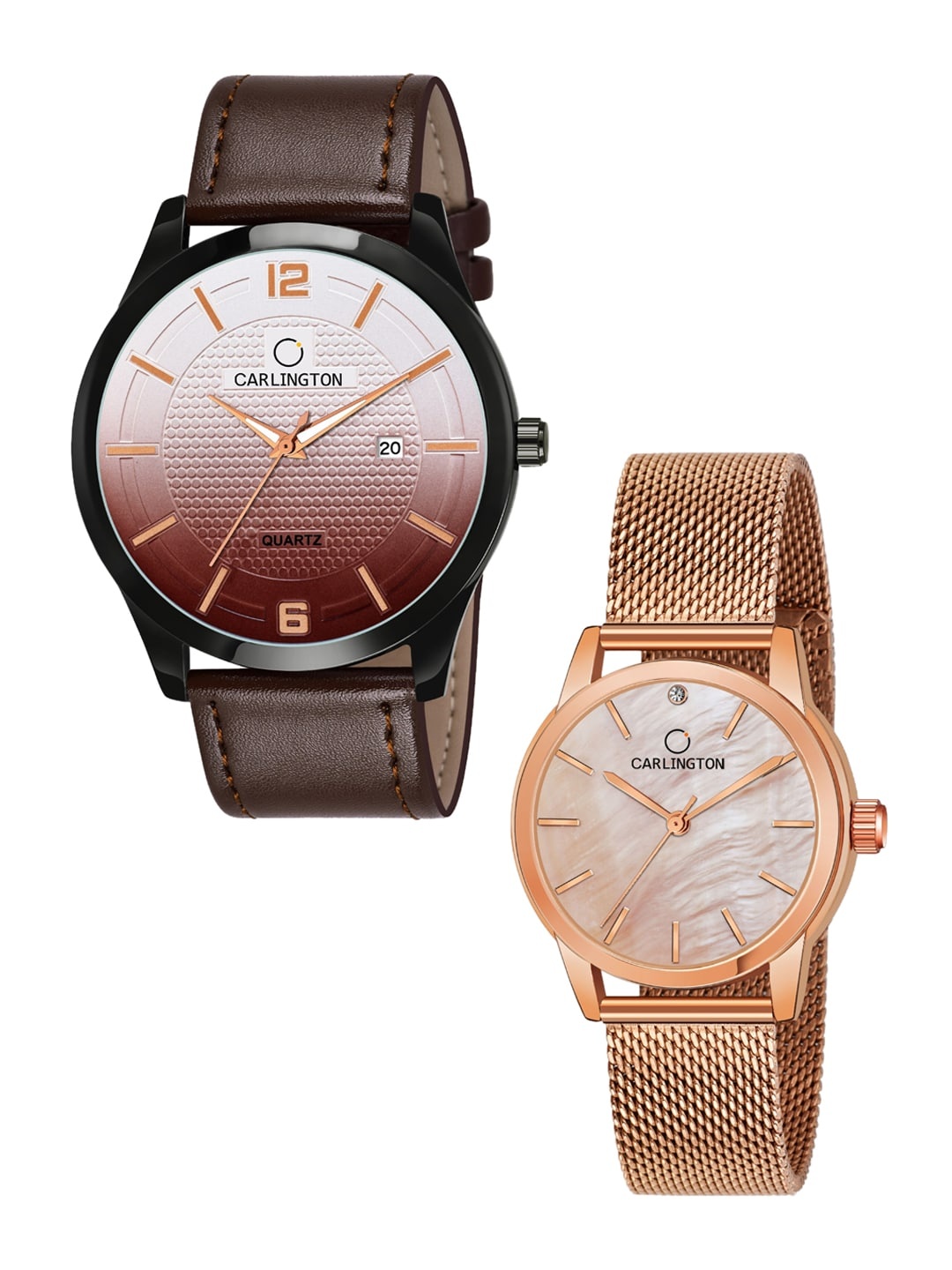 

CARLINGTON Unisex Brown & Rose-Gold Set Of His & Her Analogue Watch Set